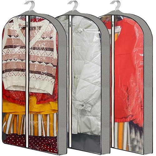 40" Garment Bags, Clear Suits Covers with 4" Gussetes for Hanging Clothes Closet Storage Travel, Plastic Protector for Coat, Jacket, Sweater, Shirts, 3 Packs
