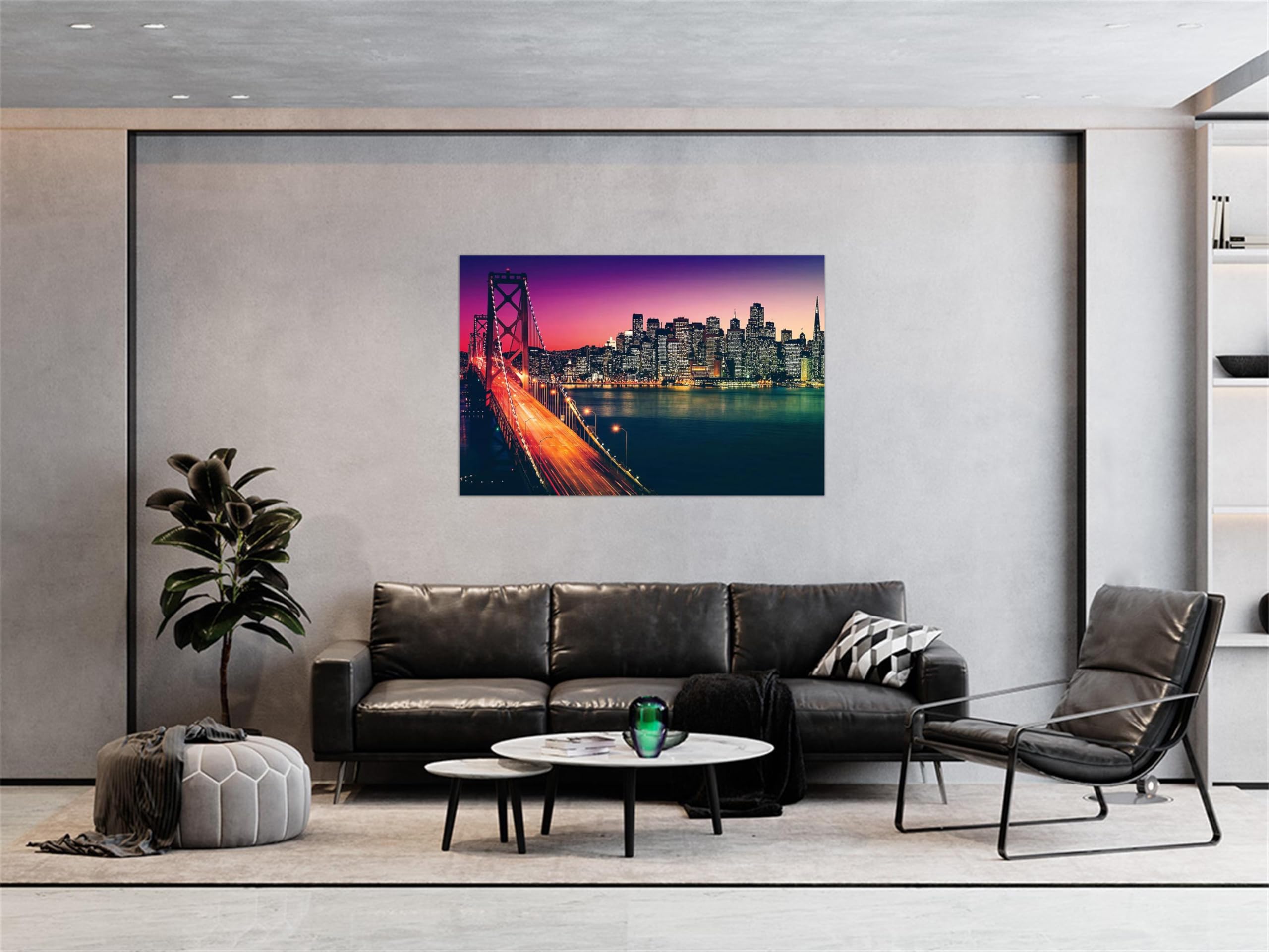 Stadtlandschaft Leinwandbild-Panorama Bilder auf Leinwand-Landschaftsbilder Wandbilder Wohnzimmer Moderne(Gebäude Brücke Nacht) 60x90cm Umwickelte Leinwand