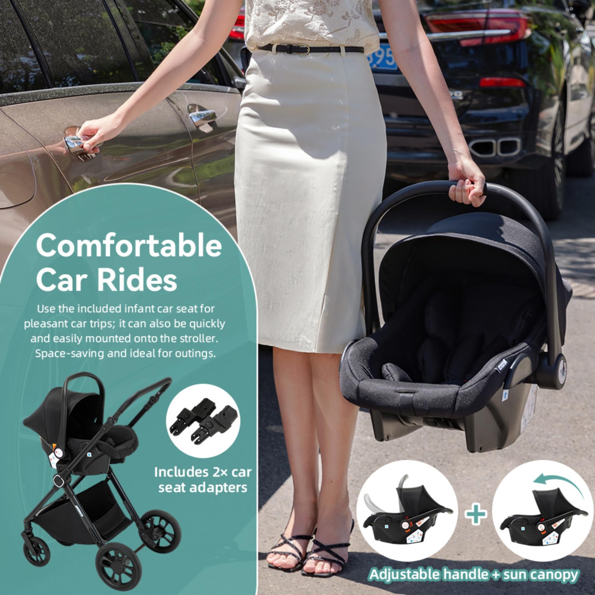 passeggino trio con ovetto I-SIZE passeggino 3 in 1 (Verde) | pieghevole trio passeggino neonati in offerta Borsa con pannolino