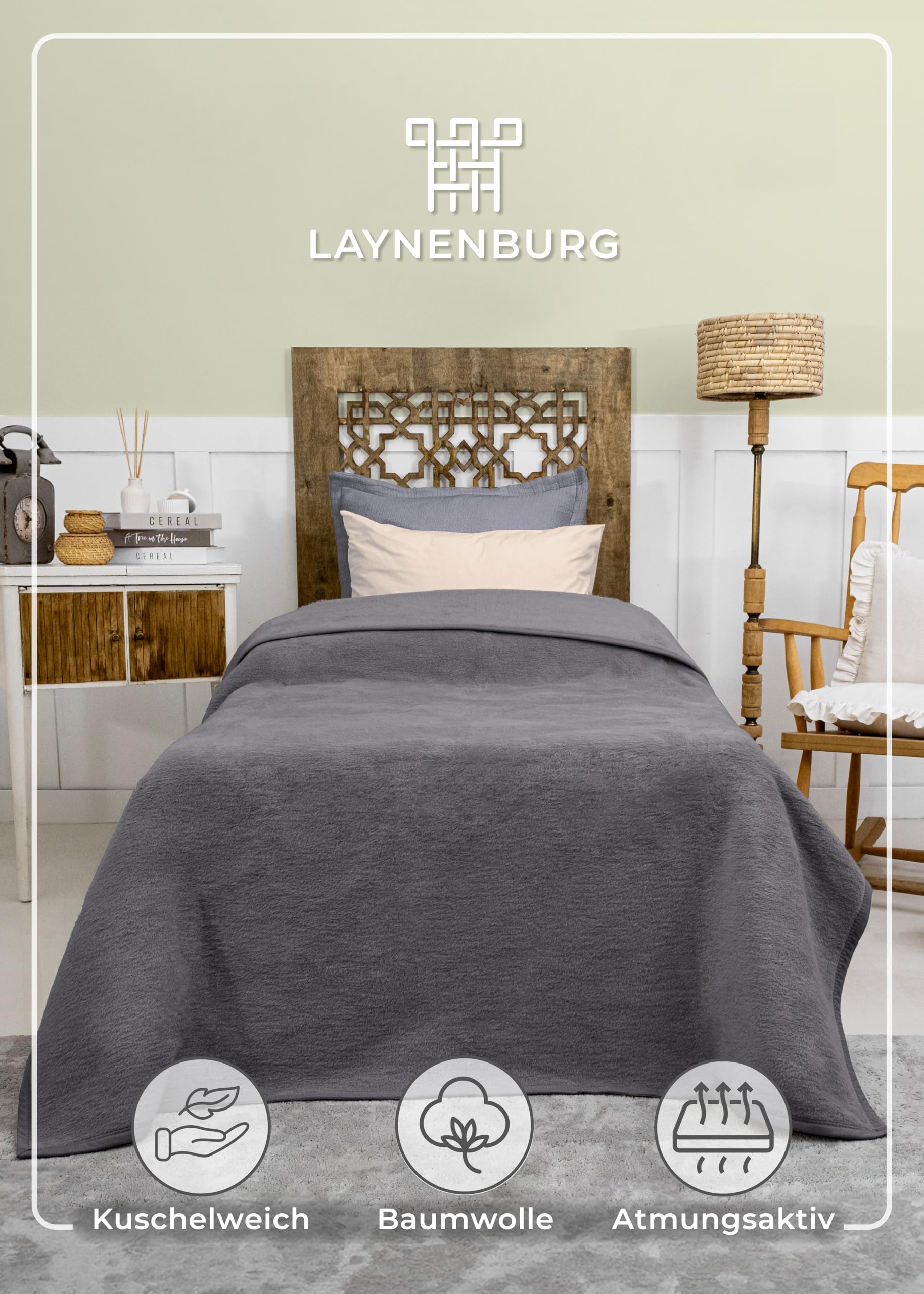 LAYNENBURG Koc bawełniany klasy premium, 150 x 200 cm, Öko-Tex 100, mieszanka bawełny, koc do przytulania, jako koc do mieszkania, na sofę, kanapę, przytulny, ciepły, z bawełny (antracytowy)