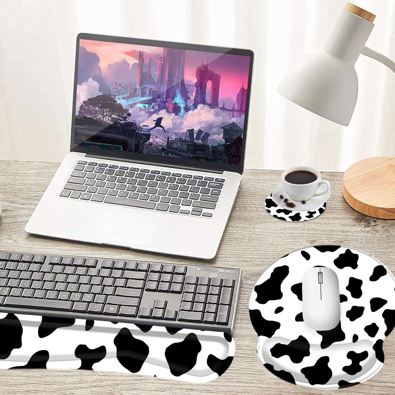 Keyboard Wrist Rest and Mouse Pad Wrist Support Set with Coasters,Non-Slip PU Base Ergonomic Gaming Mousepad for Home Office Working Studying Easy Typing & Pain Relief,Cute Cow Print