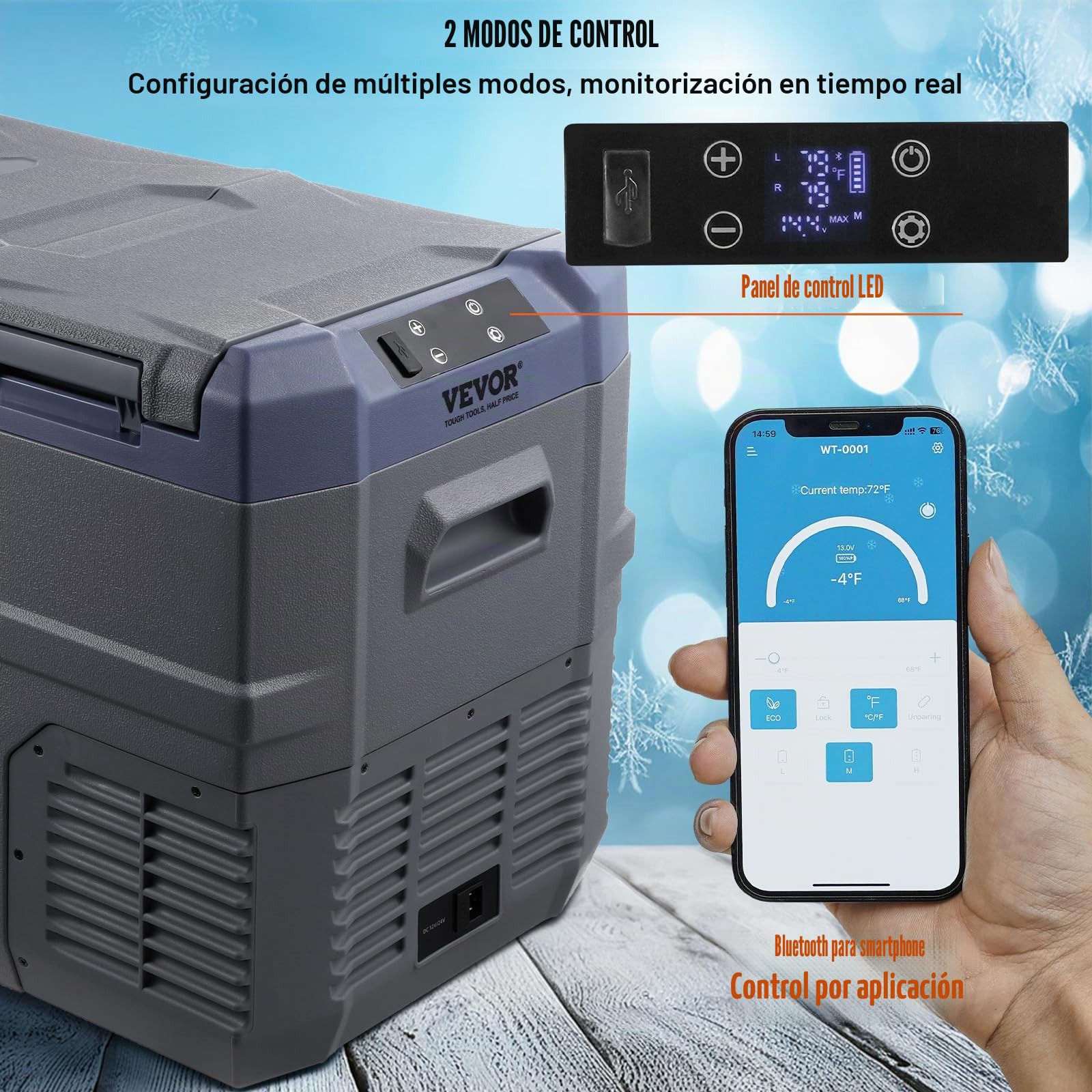VEVOR Nevera de Compresión Portátil 32 L Mini Nevera para Coche 12/24V CC y 100-240V CA Caja Enfriadora de Doble Zona Temperatura Ajustable de -20°C a 20°C para Camión Barco Casa Camping