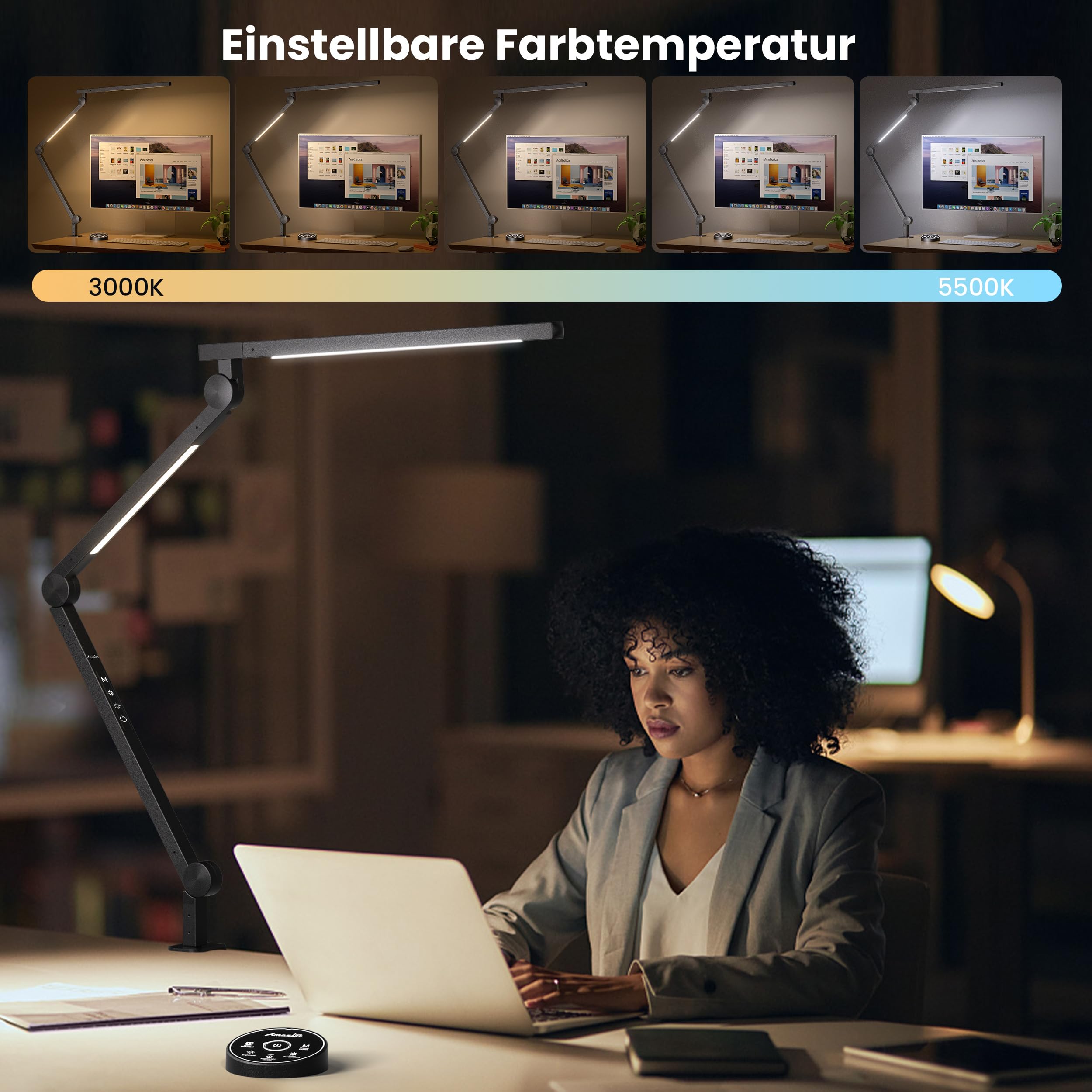 AmazLit Schreibtischlampe, Schreibtischlampe LED Dimmbar 12W, Doppelte Lichtquelle Schwenkarm Architektenlampe, Einstellbare Farbtemperatur Tischlampe Klemme,Bürolampe mit Fernbedienung