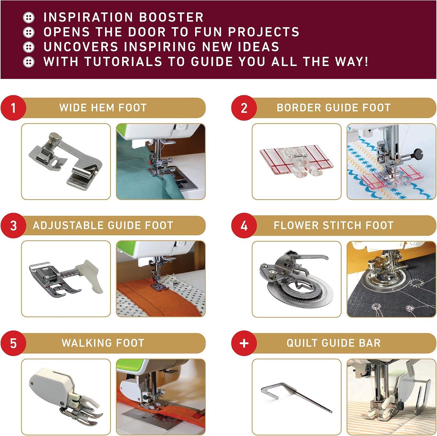 Madam Sew Big 5 Sewing Foot Attachments in Deluxe Case with Booklet & Low Shank Snap-On Adapter | Includes Walking Foot, Quilting Foot, Adjustable Guide, Flower Stitch Foot, & Rolled Hem Foot