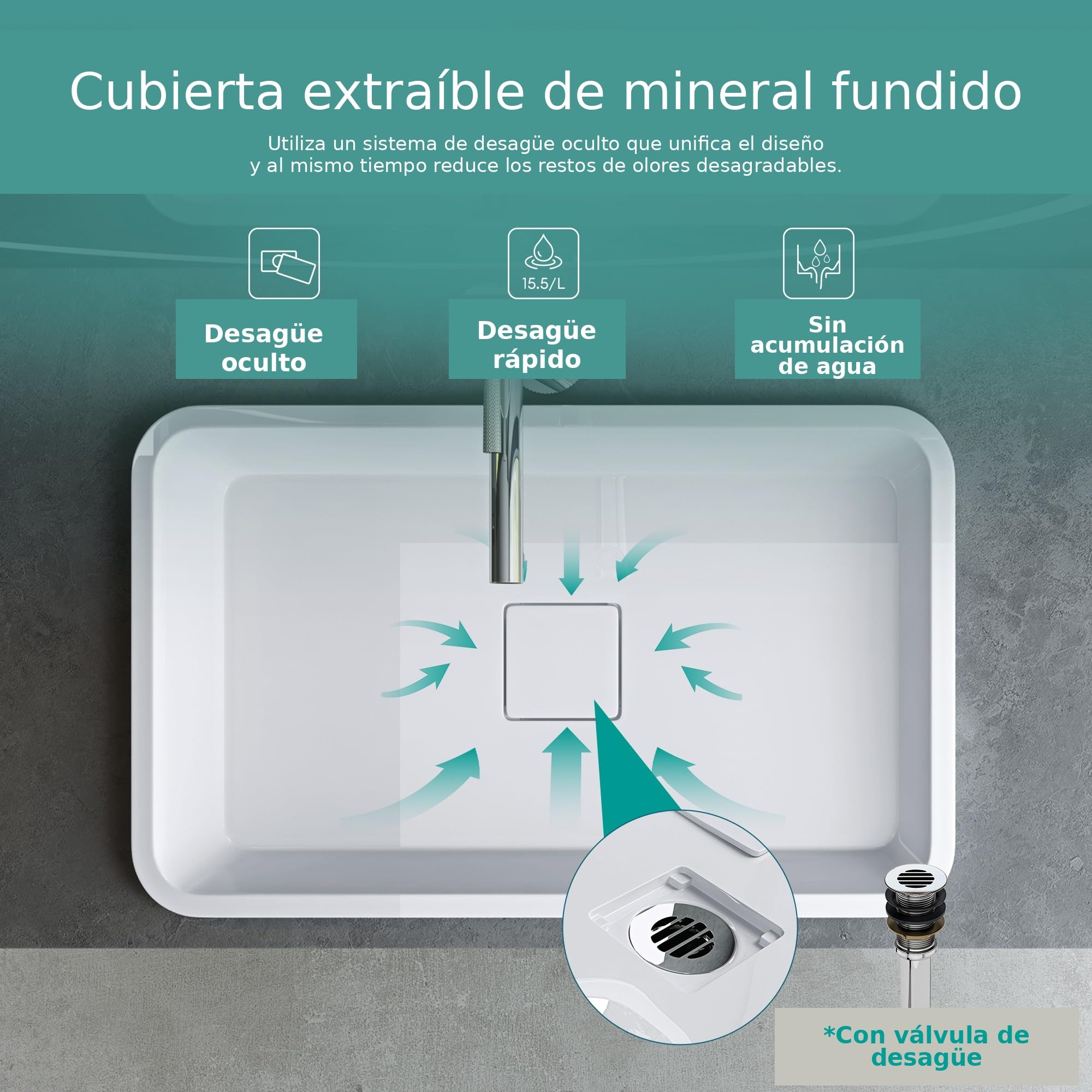 Mai & Mai Lavabo Empotrado Rectangular de Baño, Mármol Fundido, Blanco Brillante, 53x33x10 cm, sin Orificio para Grifo y sin Rebosadero – Colossum104