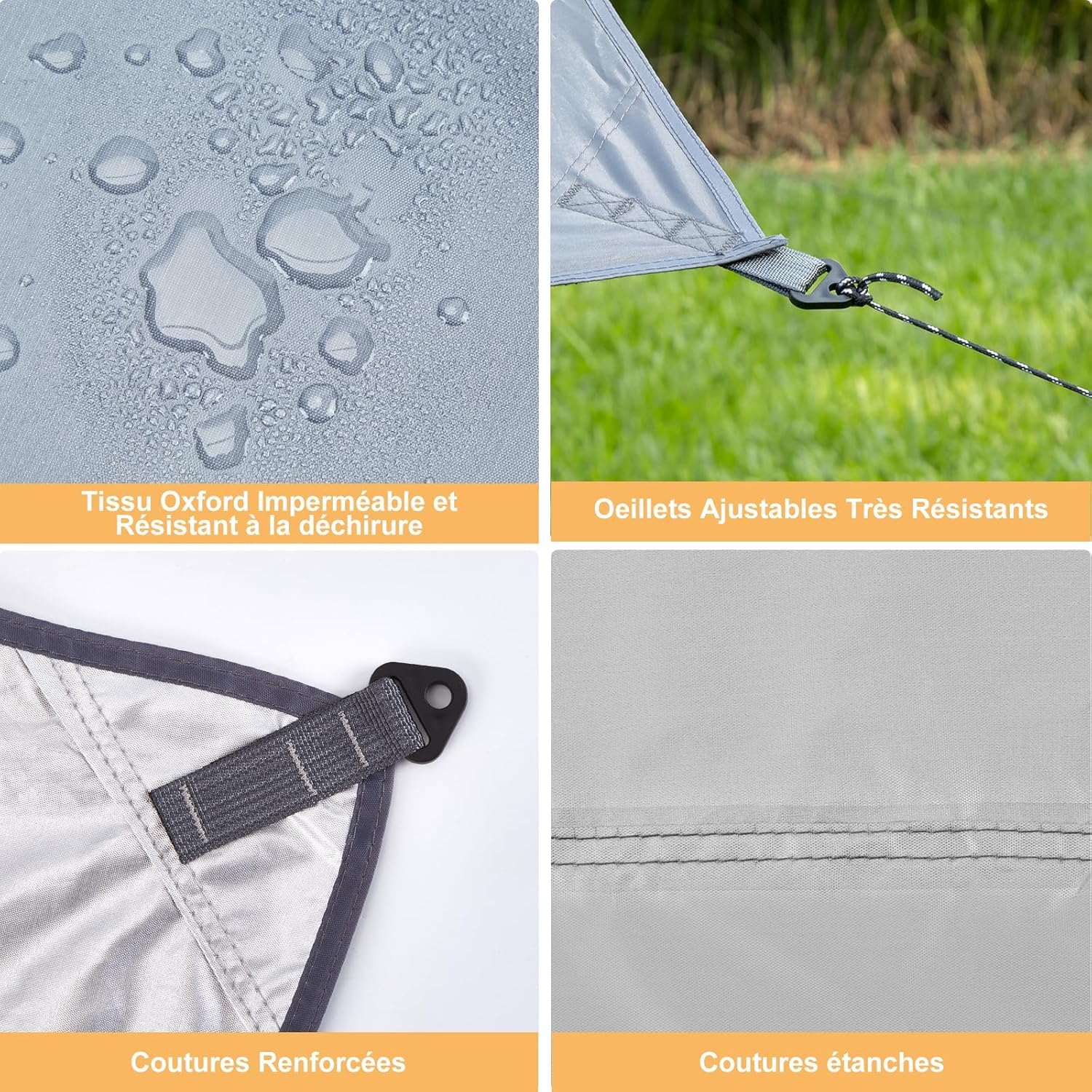 WADEO Bâche Anti-Pluie Plus Size 3.6x4.8m Camping Rain Tarp Toile Imperméable Légère avec Poteaux (Gris)