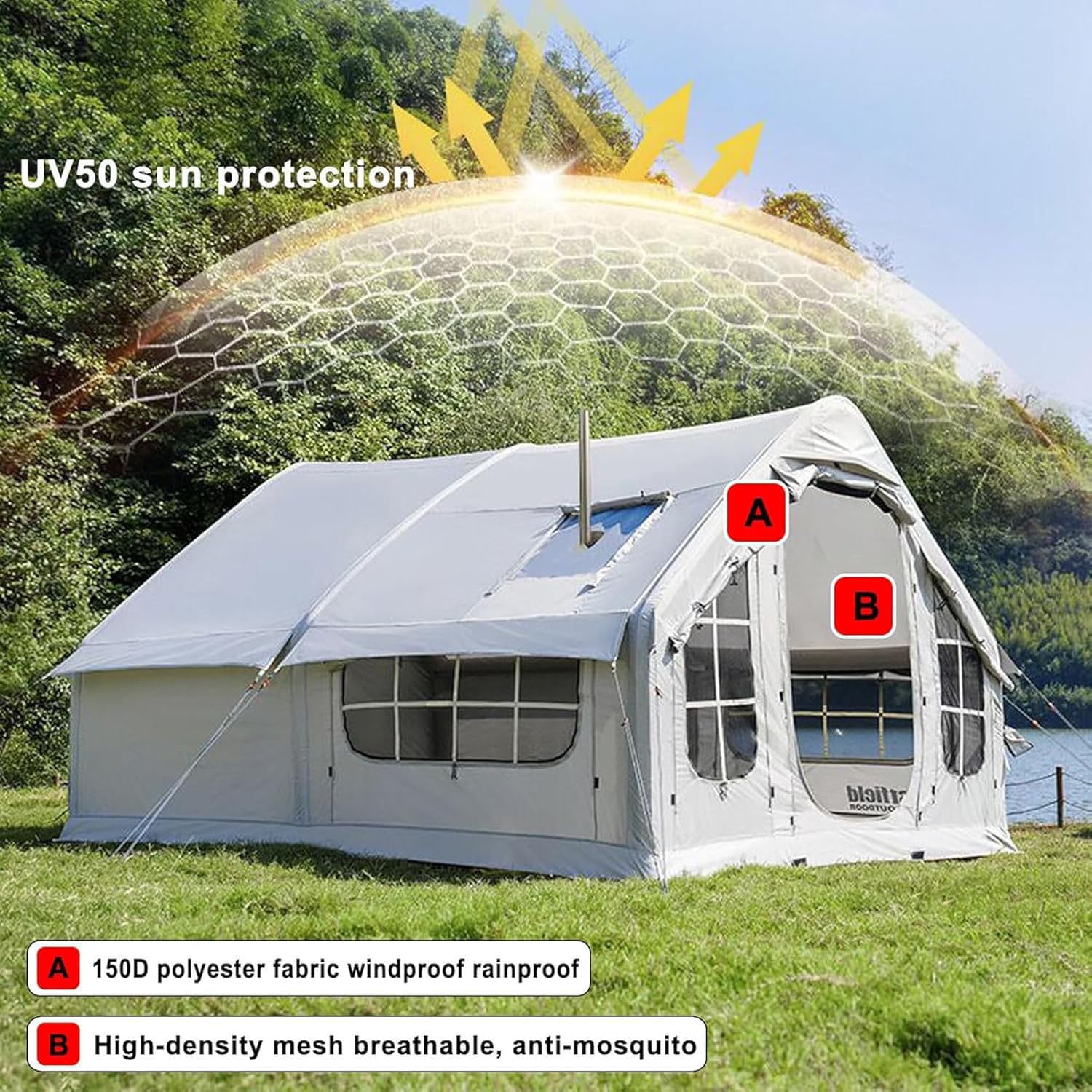 Tente gonflable pour 8 personnes, installation rapide, tente de camping d'extérieur avec cheminée et lucarne, grande tente familiale