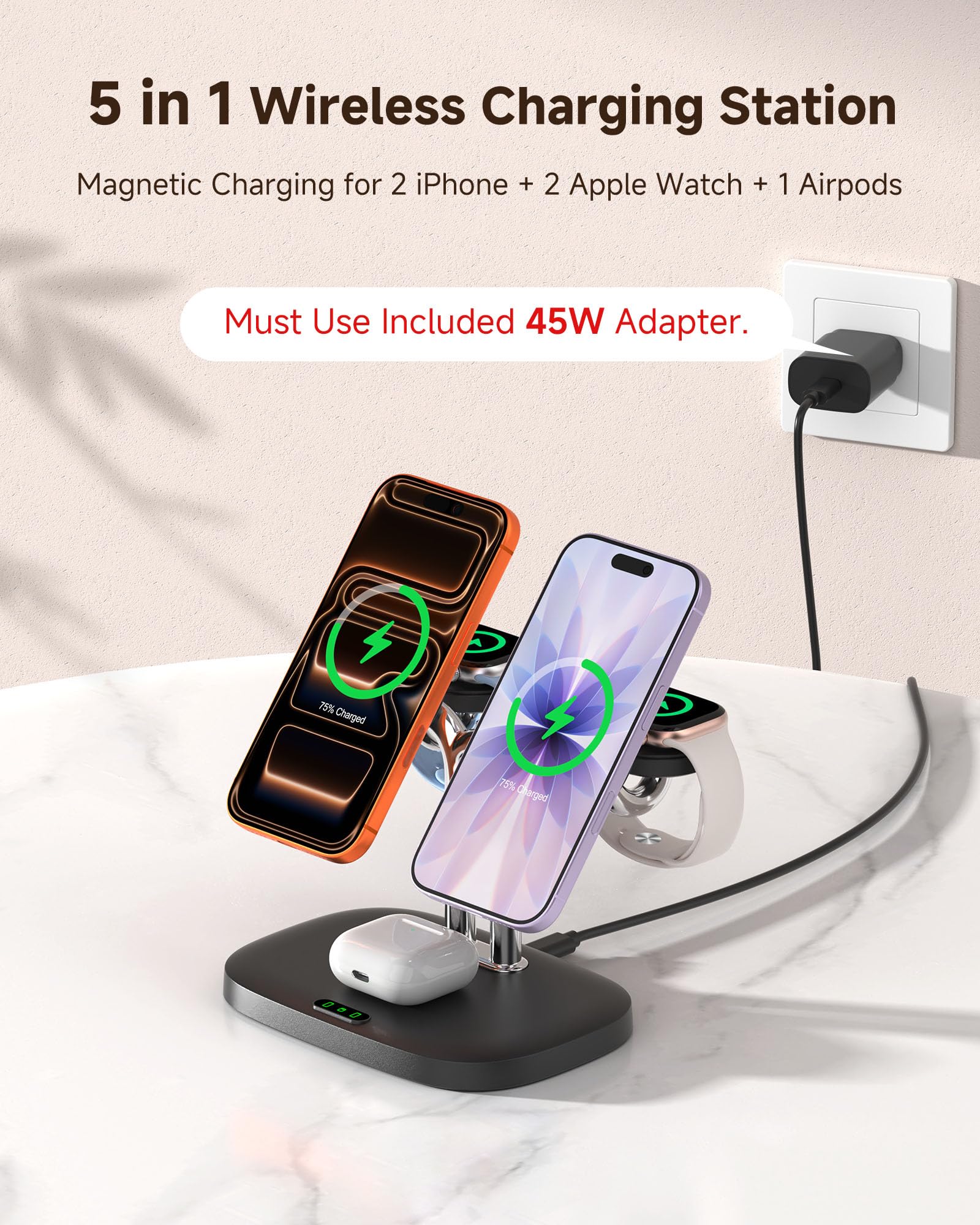 Chargeur 5-en-1 Double pour 2 iPhone, Station de Charge pour 2 Apple Watch | Chargeur Magnétique sans Fil pour iPhone Air/17/16/15, Double Recharge Rapide 5W pour Apple Watch 11/10/Ultra 3/SE 3