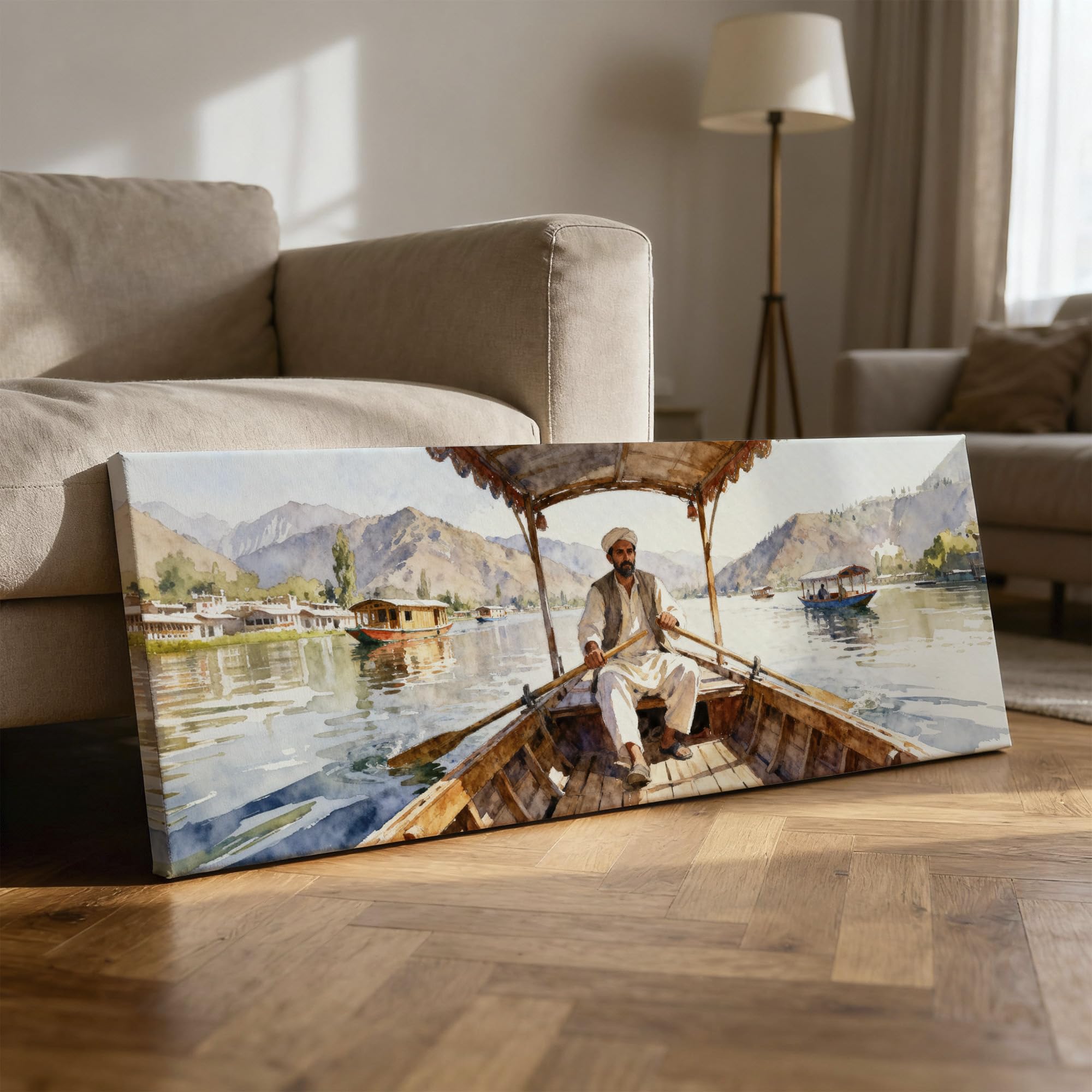 SoulAbiti Shikara Ride on Dal Lake Unframed 36x14 inches Rolled Canvas Wall Expressionism Art UV Print Painting for Living Room, Bedroom & Office Decor Premium Gloss Vivid Fade-Resistant Print 1