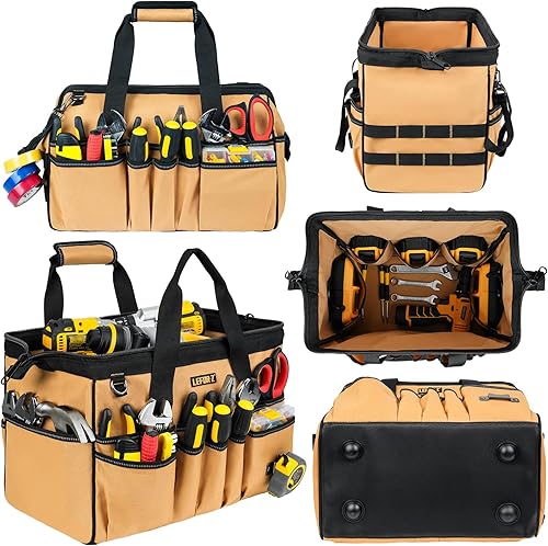 Miniatura 8 de Bolsa de herramientas de 15 pulgadas, 38 bolsillos para hombres, organizador de caja de herramientas resistente, bolsa de herramientas de boca