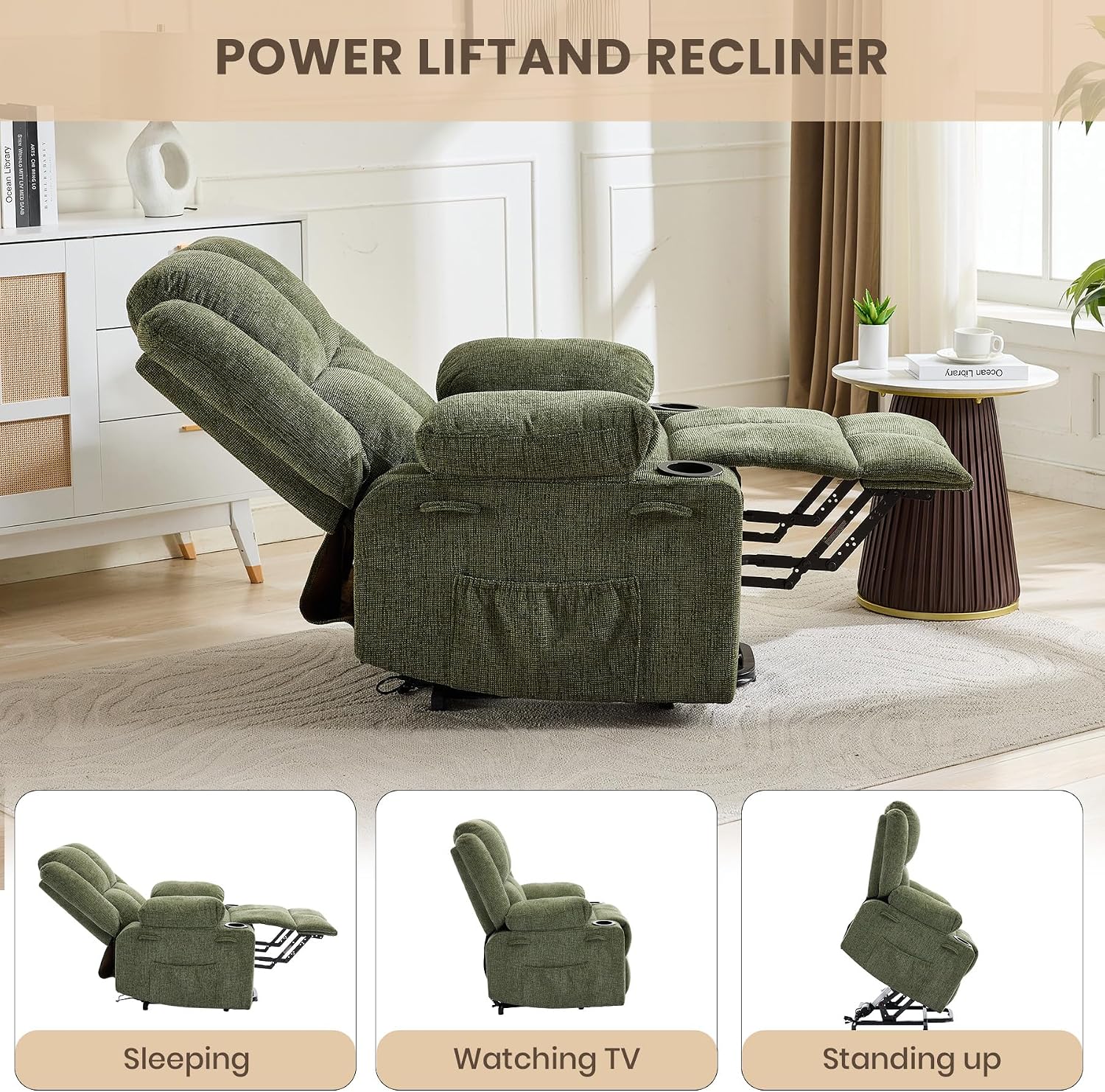 Power Lift Recliner Chair for Elderly, 150°Adjustable Lay Flat Lift Chair with Heat and Massage, Standing Assistance, Overstuffed Backrest, Cup Holders, Side Pocket for Living Room,Green