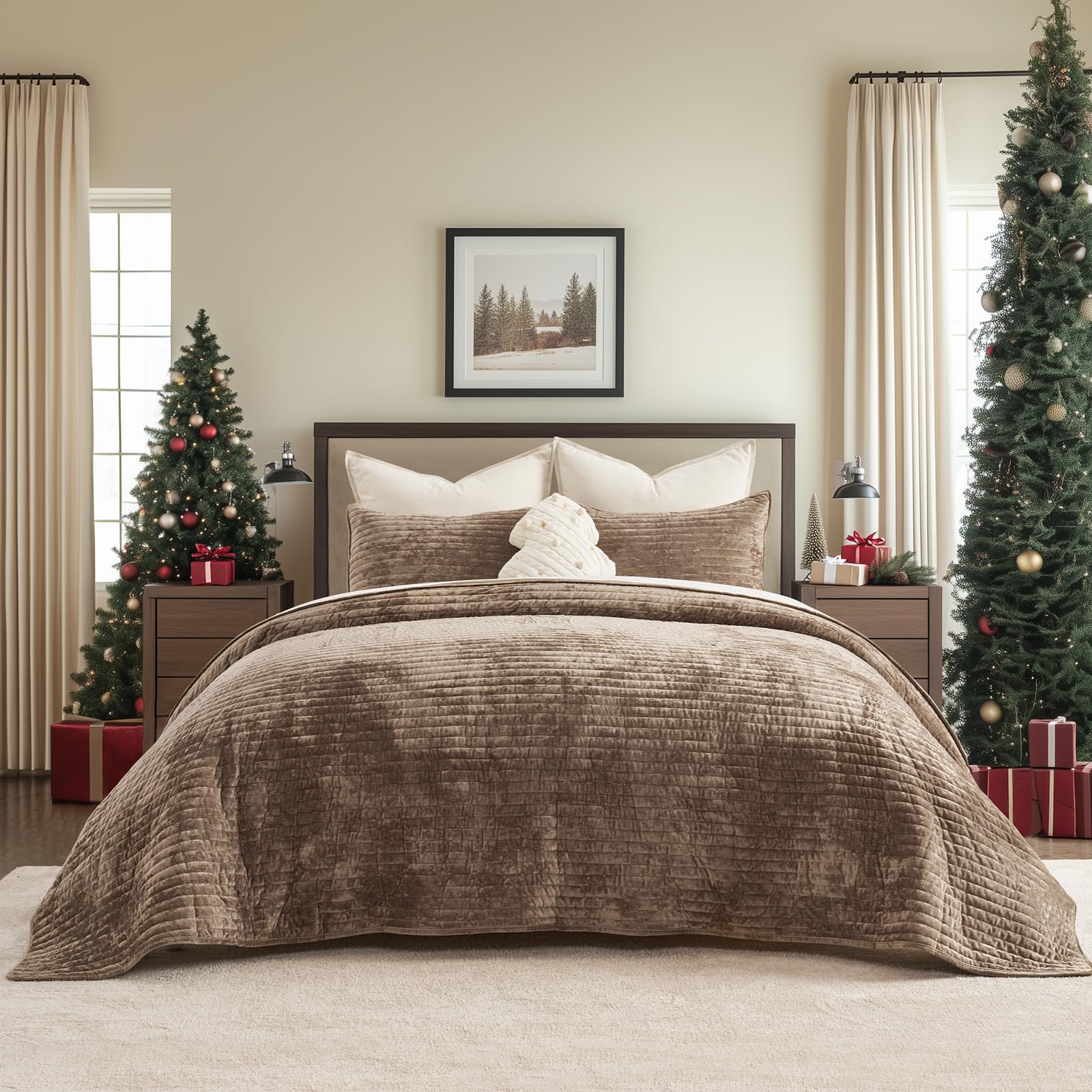 EVERGRACE Velvet Quilt Set King Size, Luxurious Soft Striped Channel Bedding Set, Lightweight Velvet Comforter for All Season, Oversized Bedspread Coverlet with 2 Matching Shams, Mocha Brown
