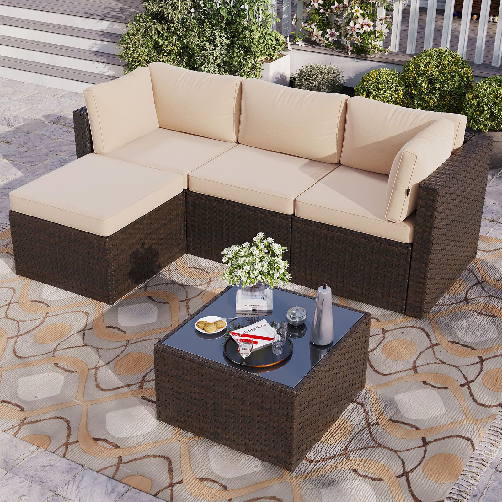 Aoxun Gartenlounge Polyrattan 3-teilig mit dicken Kissen & Glastisch, zusammenhängende Dreiersitzbank mit multifunktionalem Einzelelement, wetterfestes Terrassenmöbel für Balkon Garten