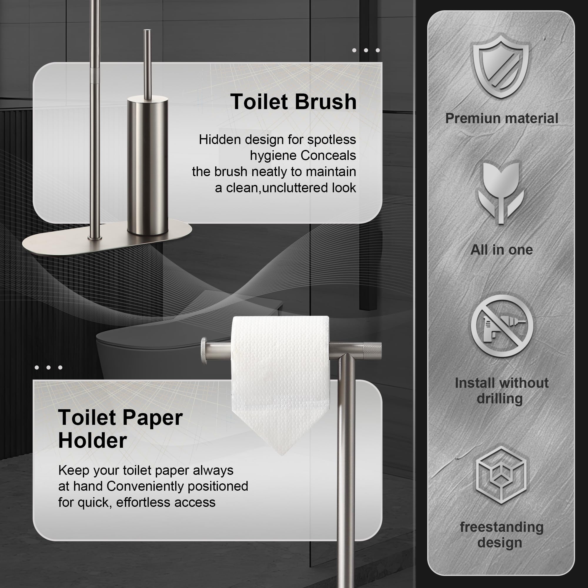 DAZI Toilettenpapierhalter mit WC-Bürste, freistehend, Gebürstetes Nickel | Aus Edelstahl mit 2 Bürstenköpfen in Silikon- und PP-Ausführung – für Bad, Wohnung und Gästetoilette