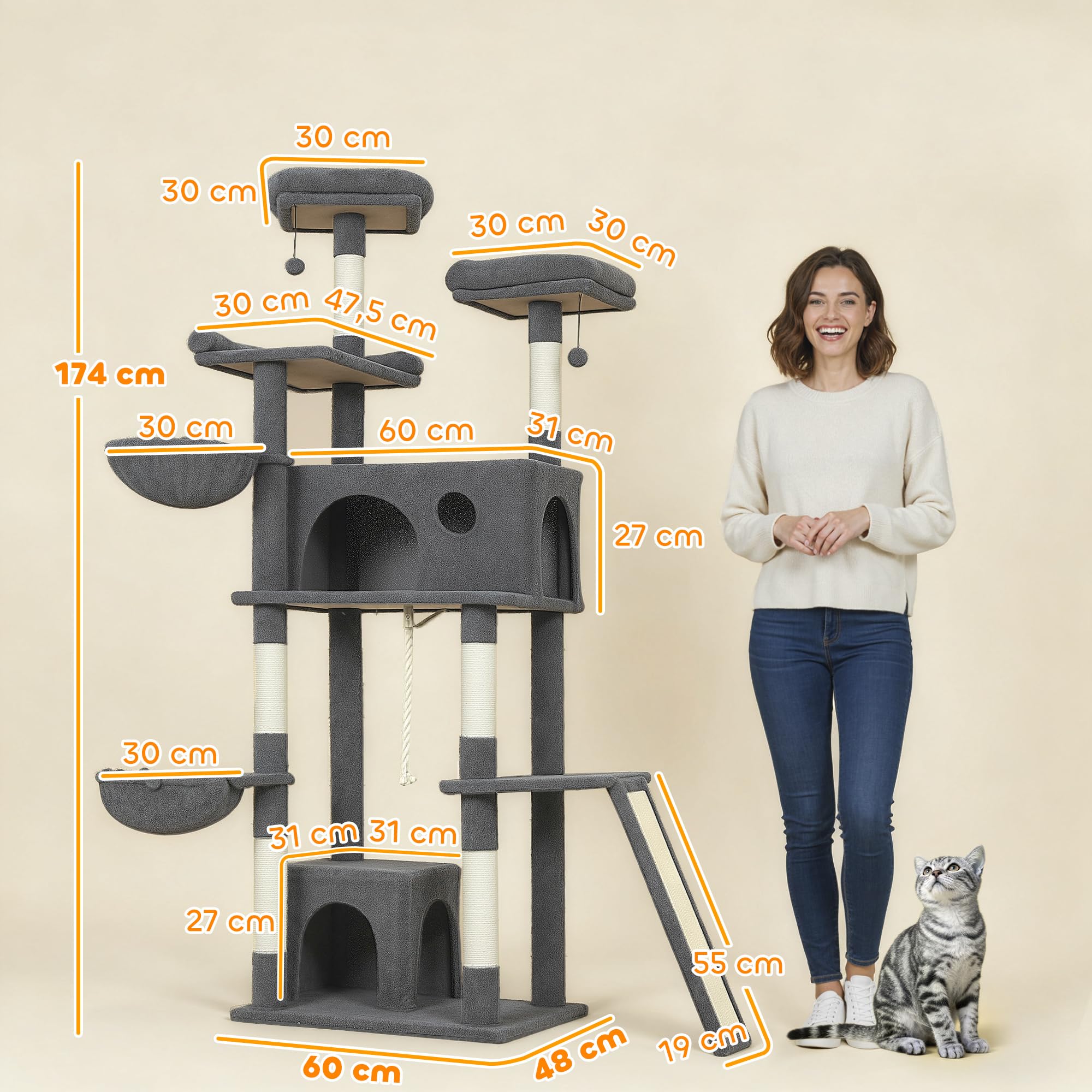 PawHut Drapak dla kota z drapakiem, wysokość 174 cm, pluszowa tkanina, wieża do zabawy dla kota, 3 łóżka, 2 nisze, platformy i 3 wiszące zabawki, wiele poziomów, szary