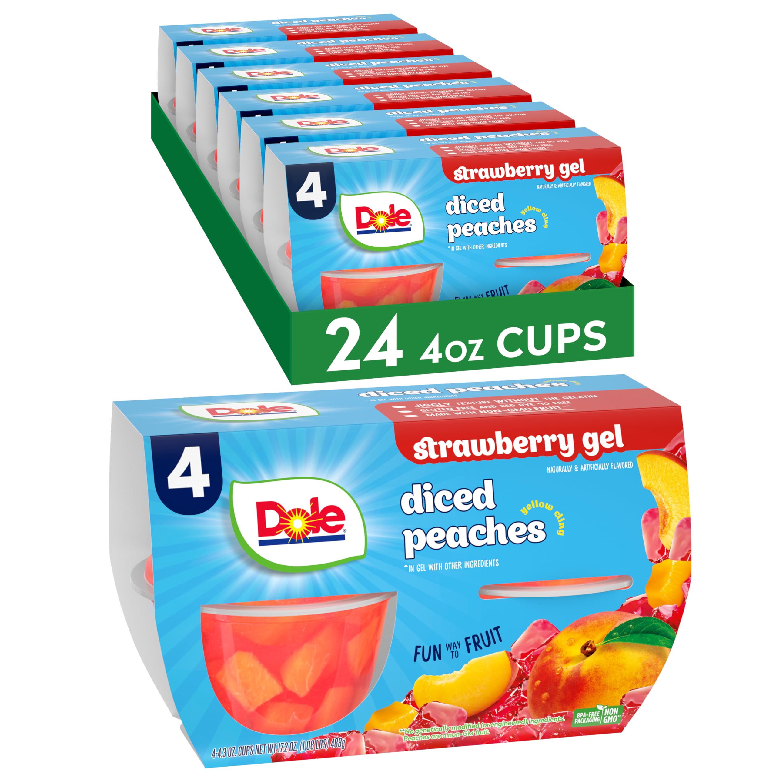 Dole Fruit Bowls Peaches in Strawberry Flavored Gel Snacks, 4.3oz 24 Total Cups, Gluten & Dairy Free, Bulk Lunch Snacks for Kids & Adults