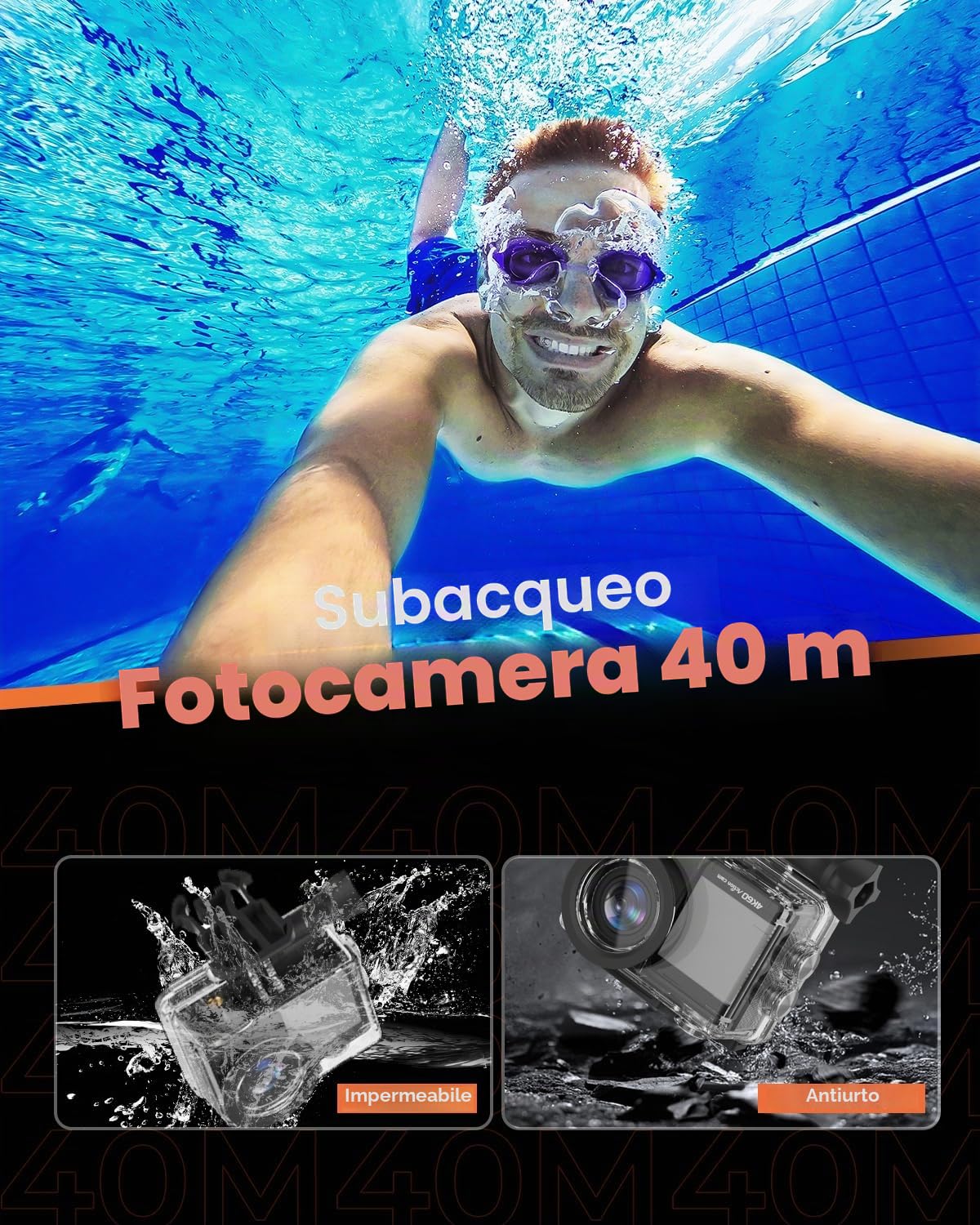 4K 60FPS Action Cam con 64GB SD Card, Touchscreen Pre-Recording 24MP Videocamera Fotocamera Subacquea 131FT Telecamera Moto 170° Telecamere Sportive con 2 * 1350mAh Batterie Kit Accessori Casco