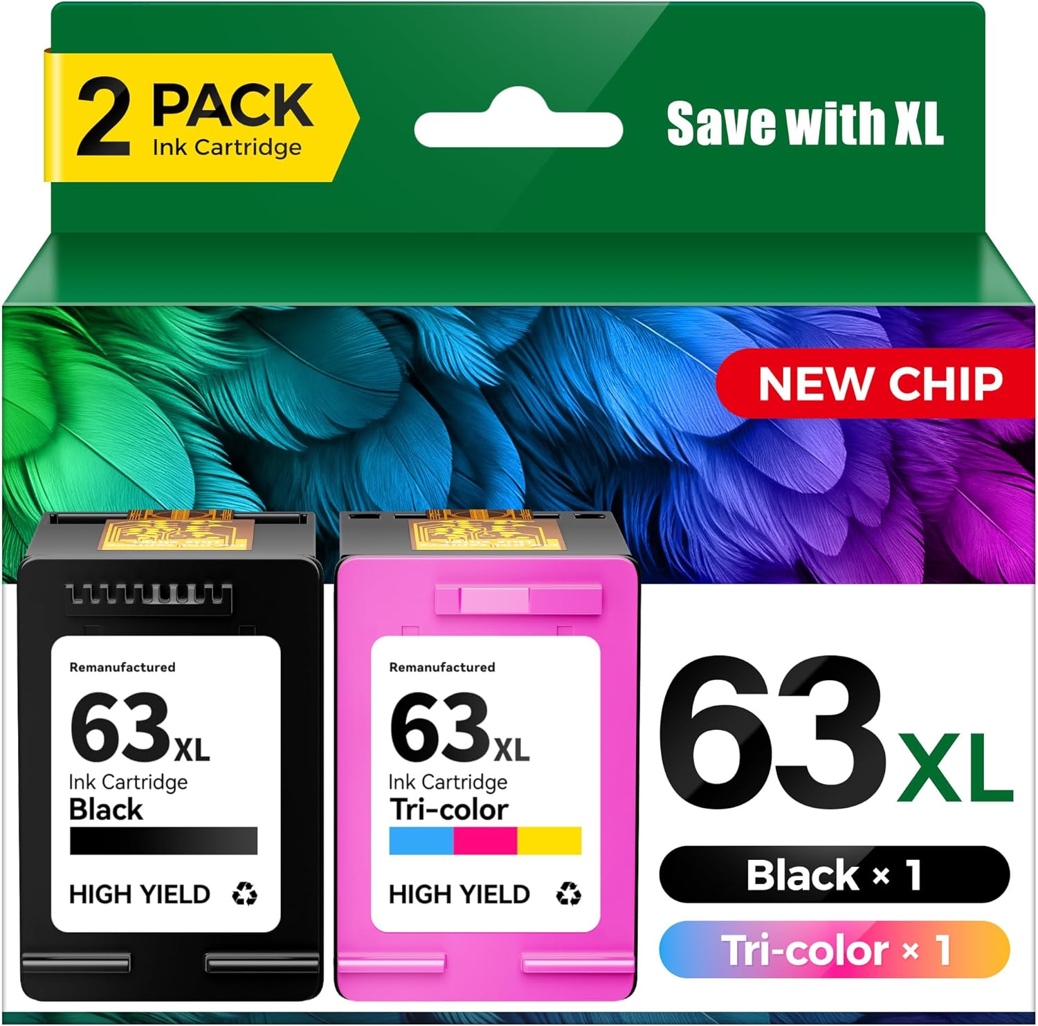 63XL Ink Cartridges Black/Tri-Color 2-Pack Replacement for HP 63 63XL Ink Works with HP Officejet 4650 3830 3833 5255 5258 5200 4655 4652 5252 Envy 4510 4520 4512 DeskJet 1112 2130 3630 2132 Printer
