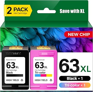 63XL Ink Cartridges Black/Tri-Color 2-Pack Replacement for HP 63 63XL Ink Works with HP Officejet 4650 3830 3833 5255 5258 5200 4655 4652 5252 Envy 4510 4520 4512 DeskJet 1112 2130 3630 2132 Printer
