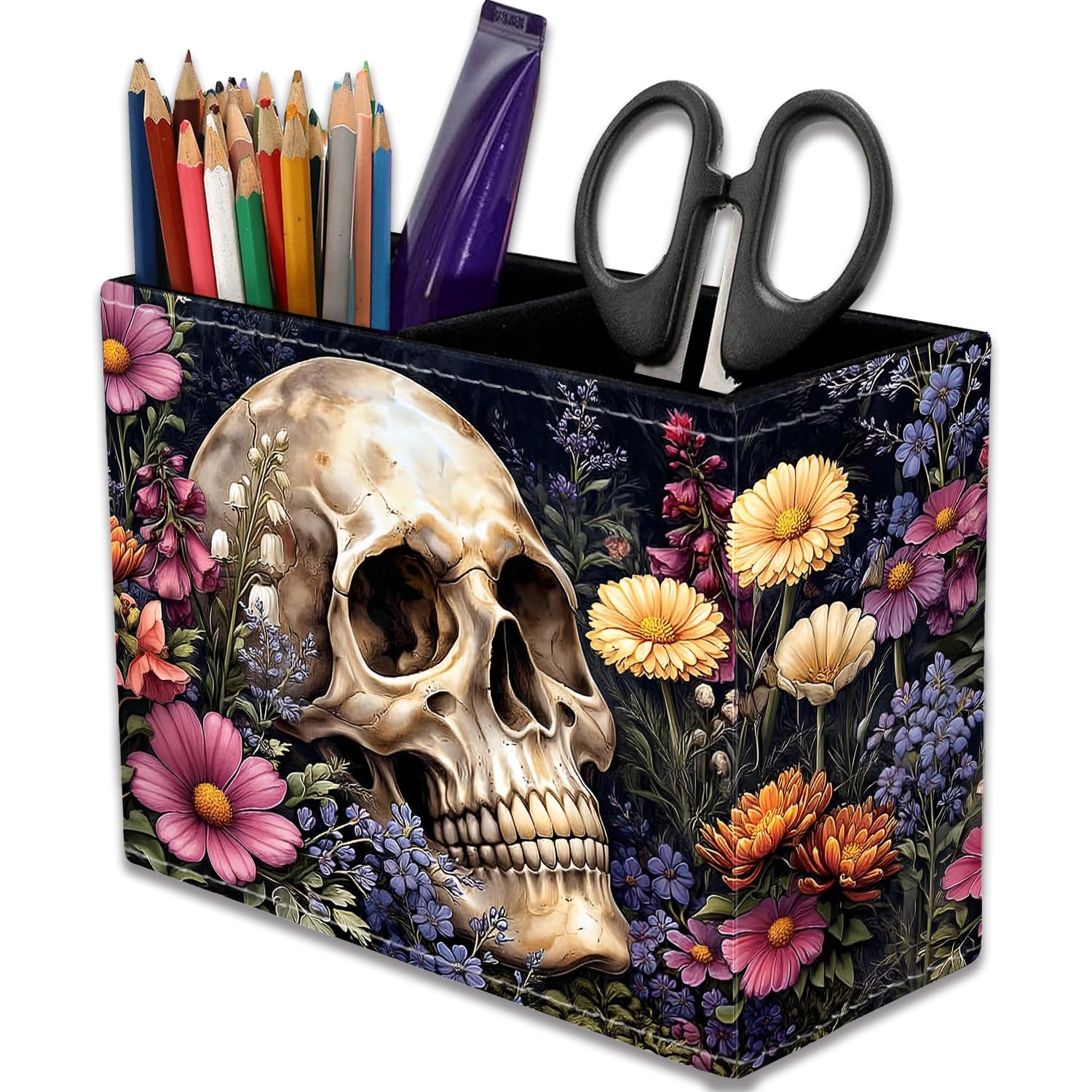 VSHSEEOM Vintage Skull Pencil Holder for Desk, PU Leather Multifunctional Mobile Pen Holder Desktop Organizer Makeup Brush Holder for Classroom, Office and Home