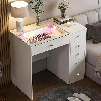 VANITII Vanity Desk with 6 Drawers and RGB Lights 35.4 Makeup Vanity Desk with Glass Top and Crystal Handles White Dressing Table with 6 Colors Light for Bedroom