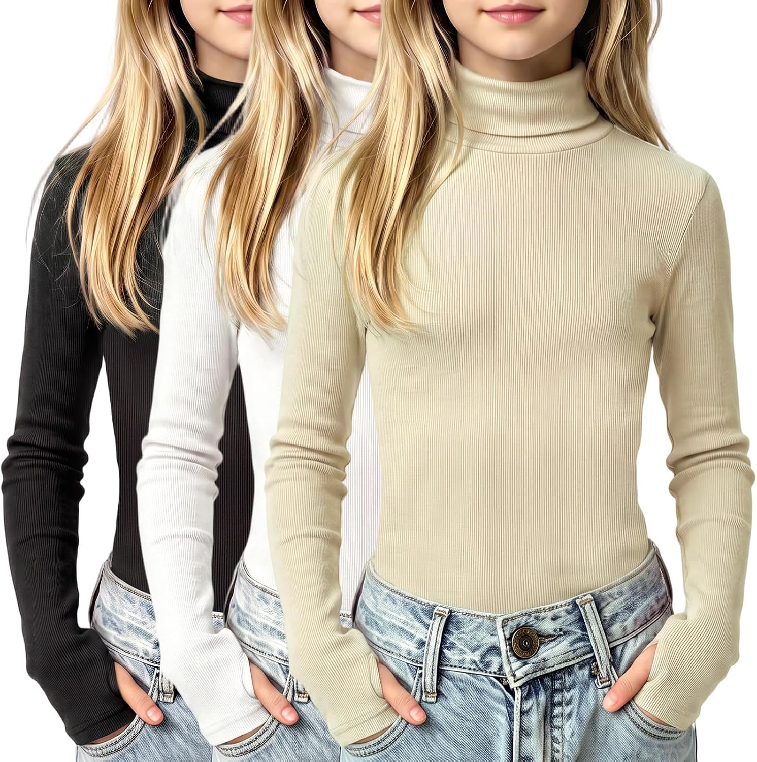 Kids4ever Girls 3 Pack Ribbed Shirt Thumbholes Turtleneck Base Layer 5-12Y