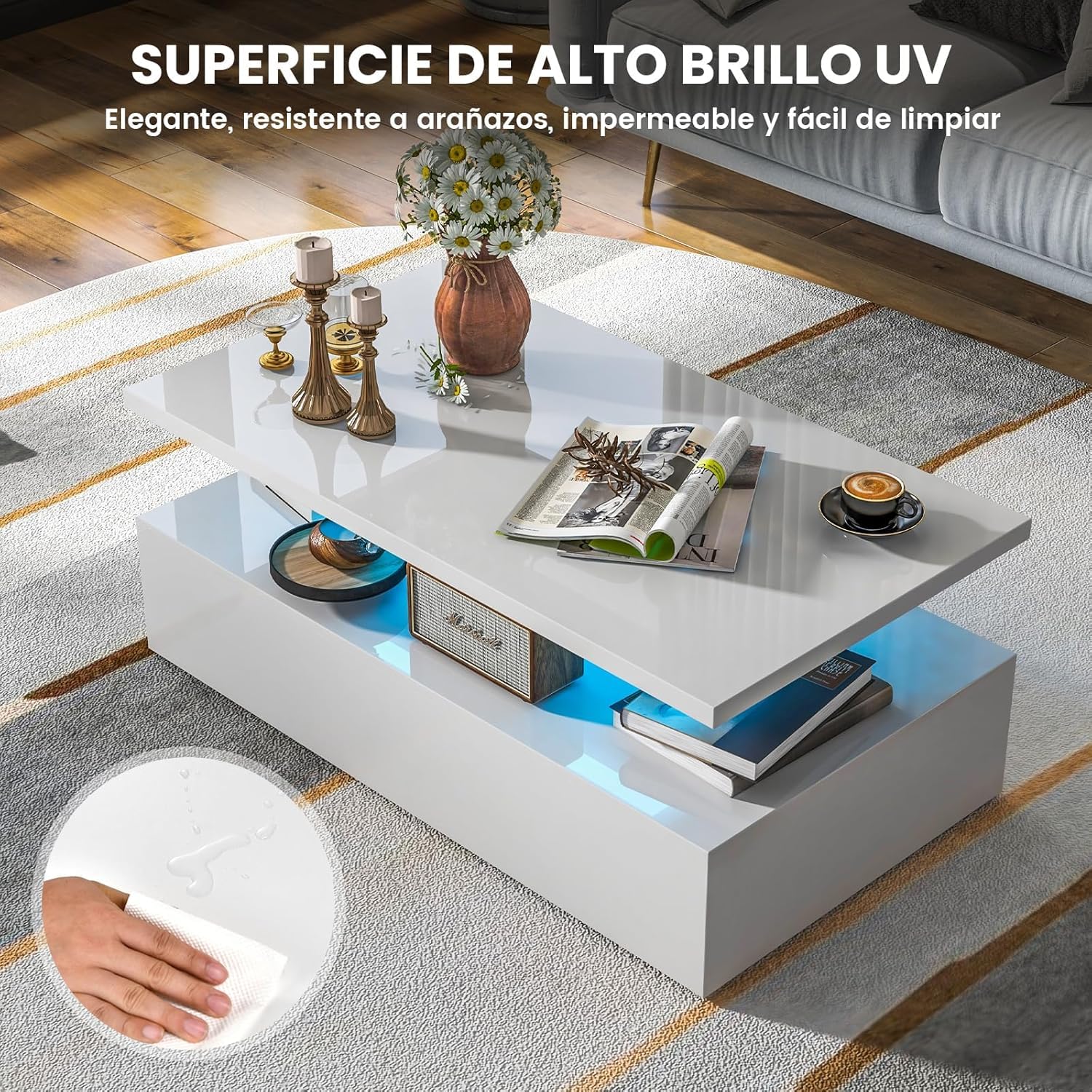 GOPLUS Mesa de Centro Con Luces LED, 2 Niveles, 19 Modos, 20 Colores, 8 Velocidades y Brillos Ajustables, Mando a Distancia, Rectangular, 110 x 60 x 40 cm (Blanco)