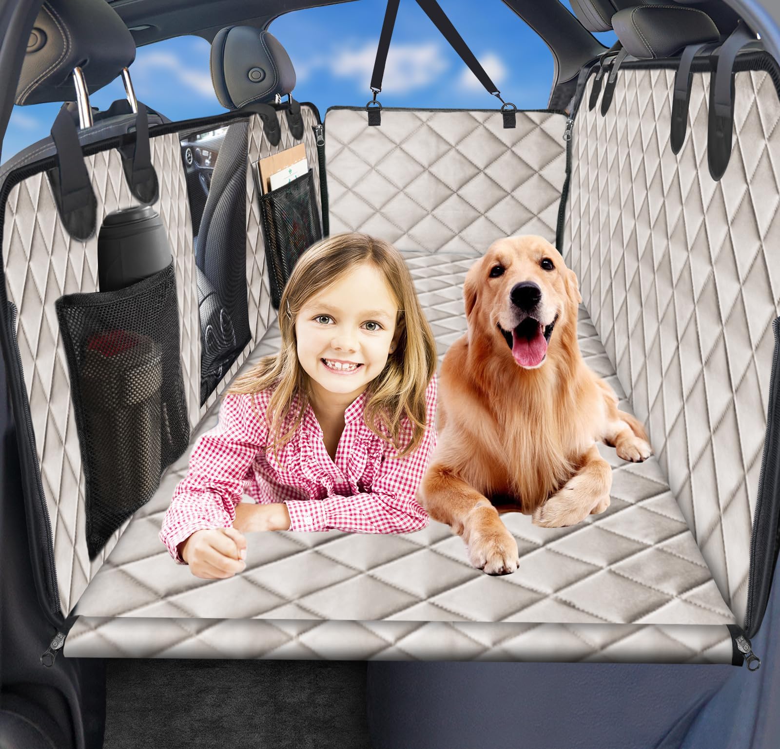 URPOWER Back Seat Extender for Dogs, Dog Car Seat Cover Hard Bottom Holds 400 lbs, Waterproof Dog Hammock for Car Pet Backseat Protector with Mesh Window, Large Space Dog Travel Bed for Car & SUV