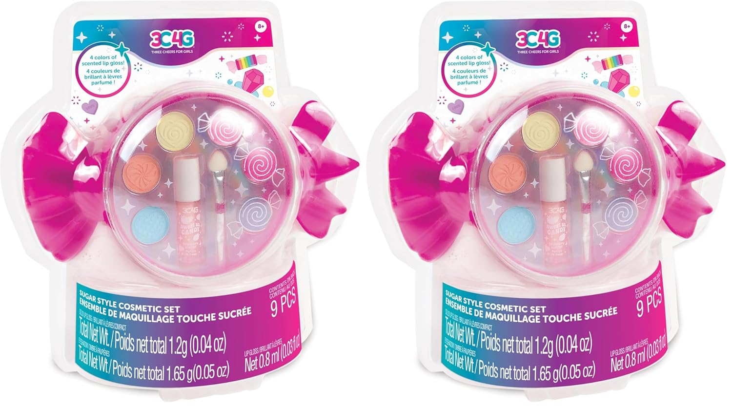3C4G: Sugar Style Cosmetic Set - 9pcs, 4 Colors of Scented Lip Gloss & Eyeshadow Held in a Candy Shaped Container, Makeup Girls & Kids Ages 8+ (Pack of 2)