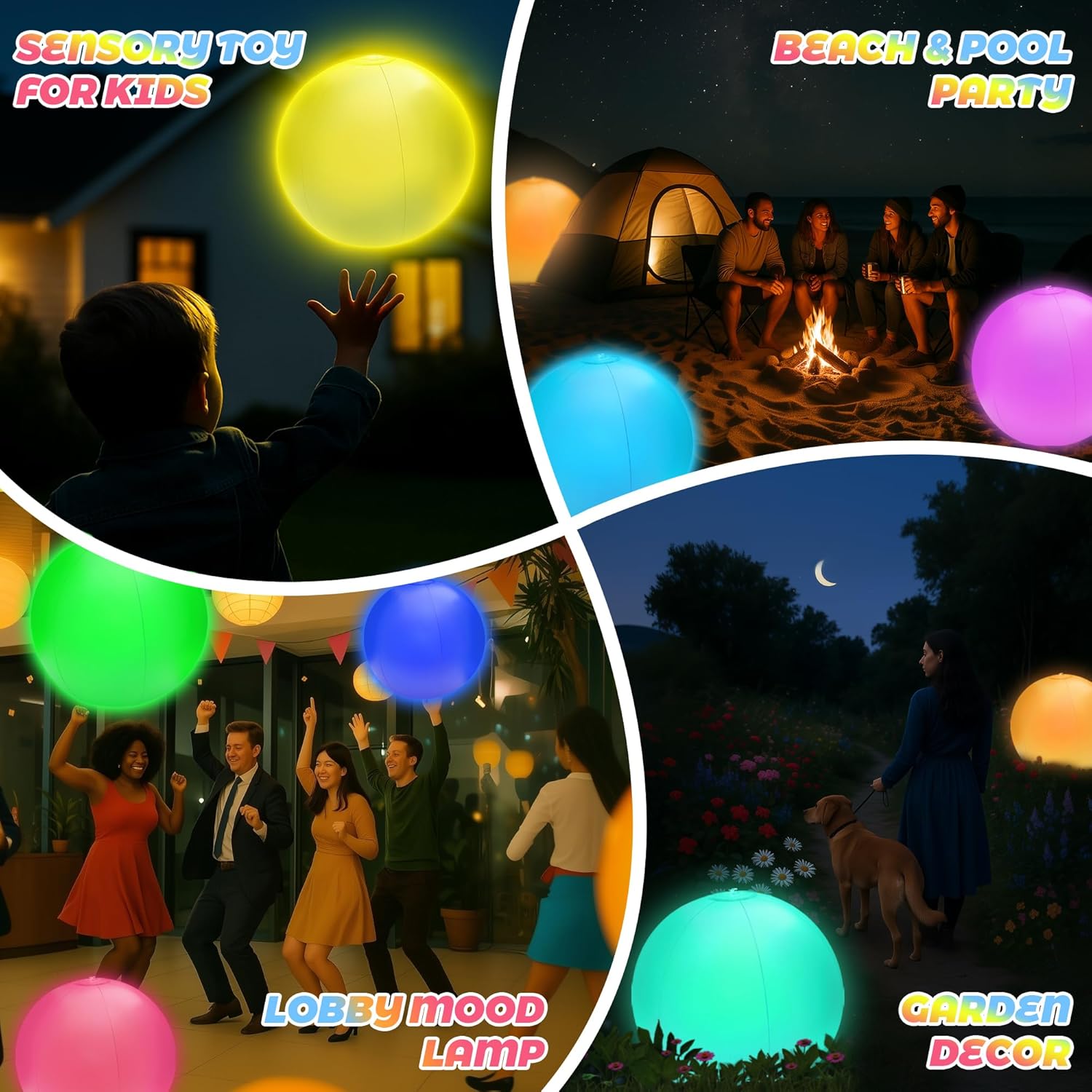 4-Pack 16” LED Light-Up Beach Balls, Glow-in-The-Dark Floating Pool Toys with 16 Colors, 4 Modes & Remote, Inflatable Fun for Kids Adults,Pool Parties Beach Games Backyard Events & Nighttime Decor