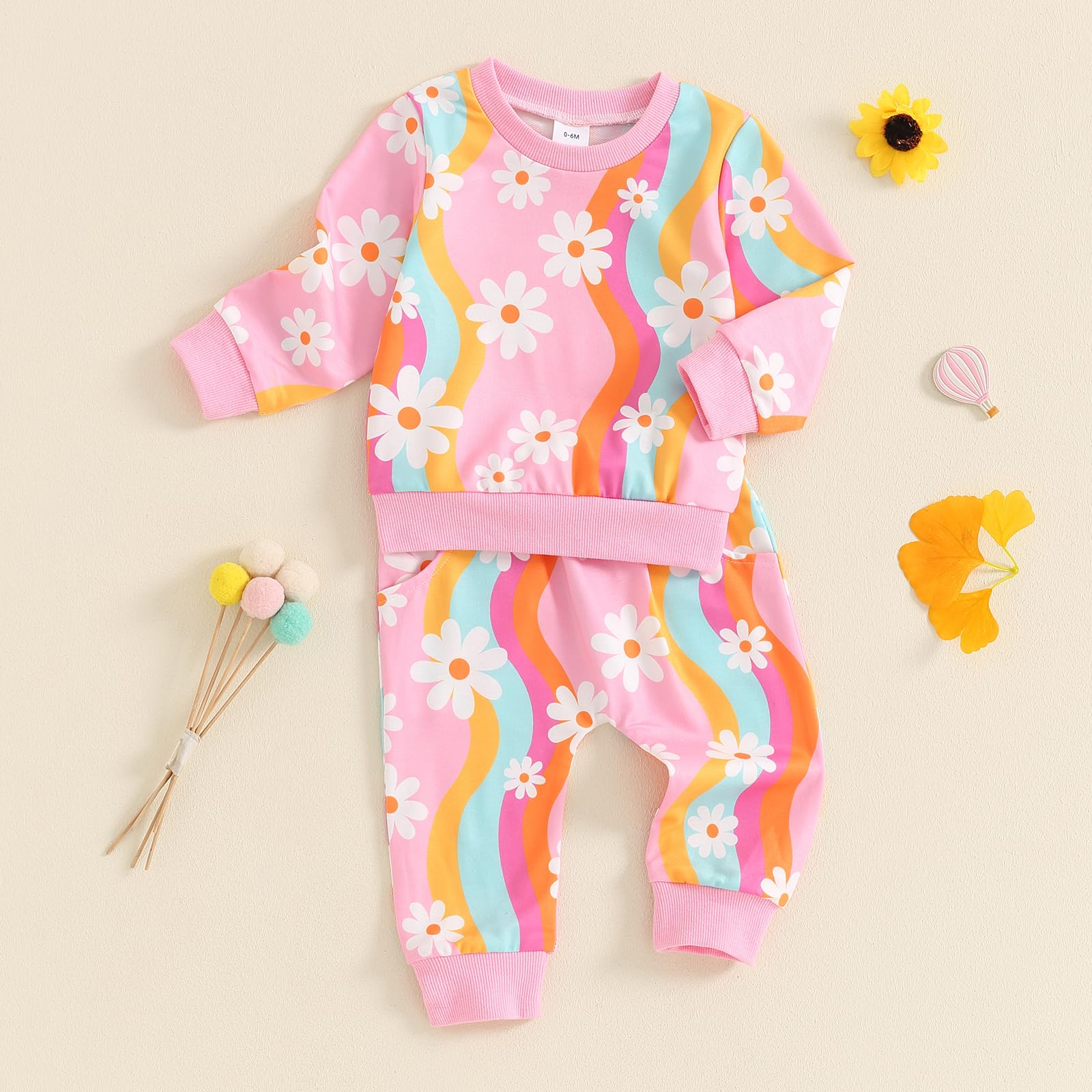 JLKGICF Toddler Baby Girl Fall Winter Outfit Butterfly/Strawberry Sweatshirt Pants Set Cute Clothes 3 6 9 12 18 Months 2T 3T (Rainbow Daisy Pink, 2-3T)