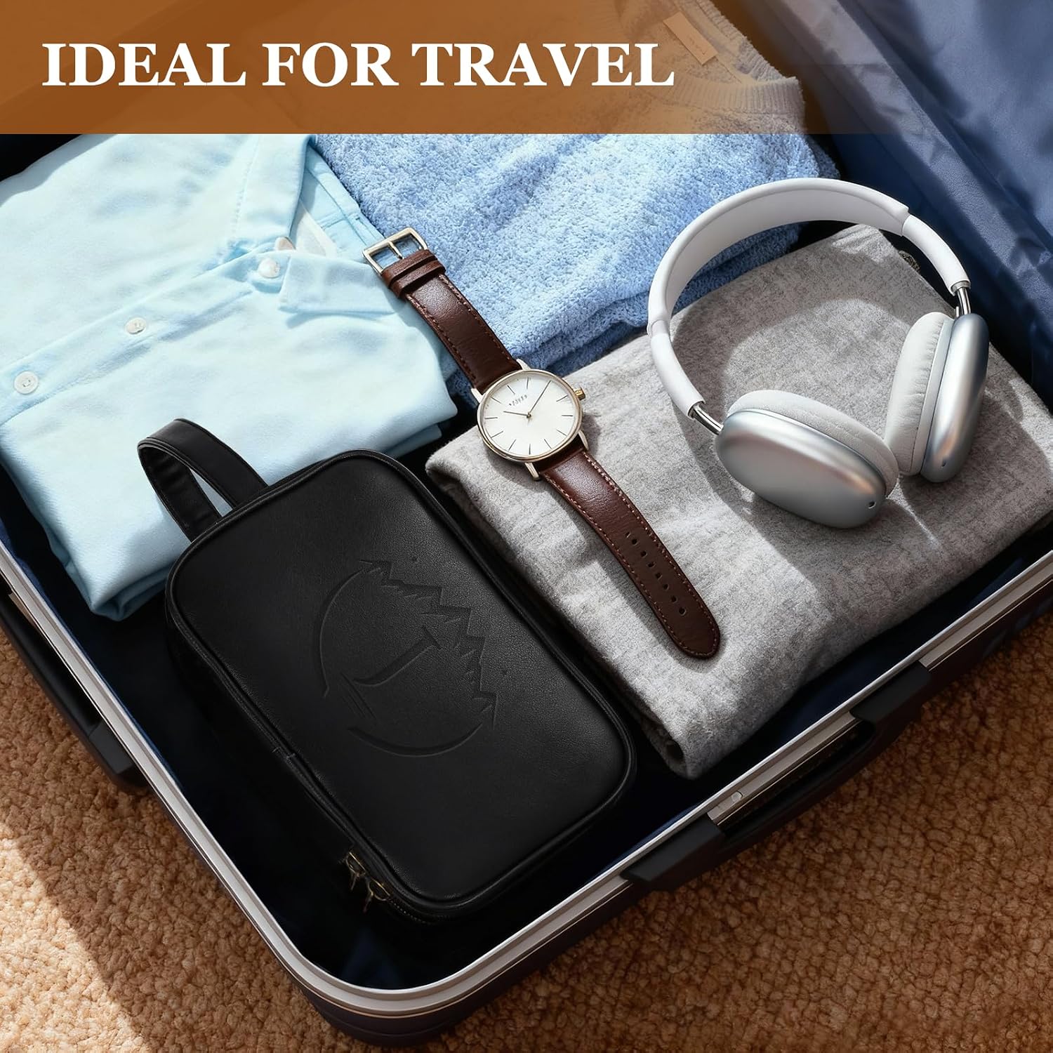 Travel Toiletry Bag for Men,Mens Shaving Bags for Toiletries,Men's Toiletry Travel Bag PU Leather,Personalized Travel Essentials,Birthday Gifts For Men,Black- J