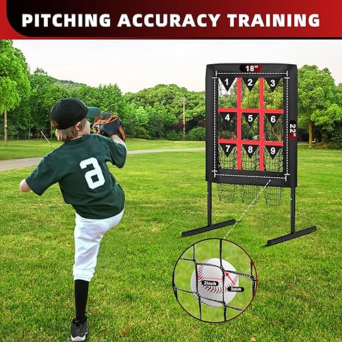 Miniatura 3 de Red de lanzamiento de 9 agujeros con zona de ataque, red portátil de lanzamiento de sóftbol, red de lanzamiento de béisbol, altura ajustable, fácil