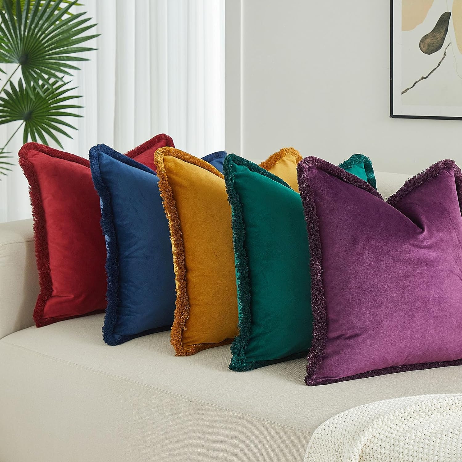JUSPURBET Forest Green Velvet Throw Pillow Covers 24x24 Inch Set of 2 with Soft Tassel Fringe Luxury Boho Pillowcase for Sofa Couch Bed Home Decor Machine Washable