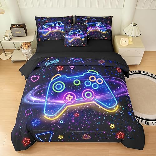 Vista 9 de MWMWMW Juego de edredón gaming de 5 piezas para niños, juegos de ropa de cama twin para niños, juego de edredón tamaño twin para niños con 1