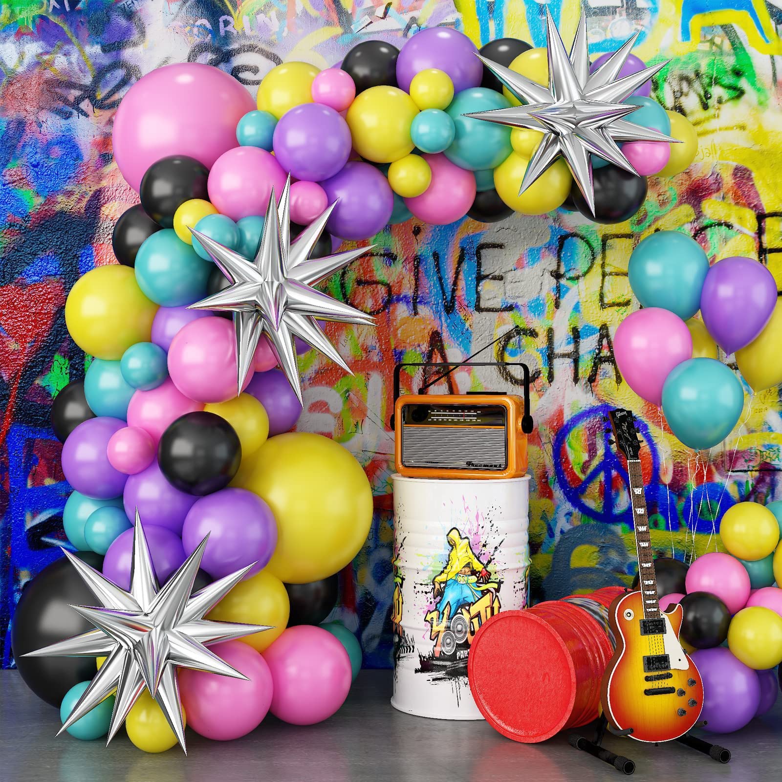 Beilier 80s 90s Retro disco Balloon arch kit- Fun and Festive decorations! Black, Purple, Pink, Yellow, Silver Star Balloons Set, Perfect for back to the 80s 90s Theme Party Decorations (Retro)