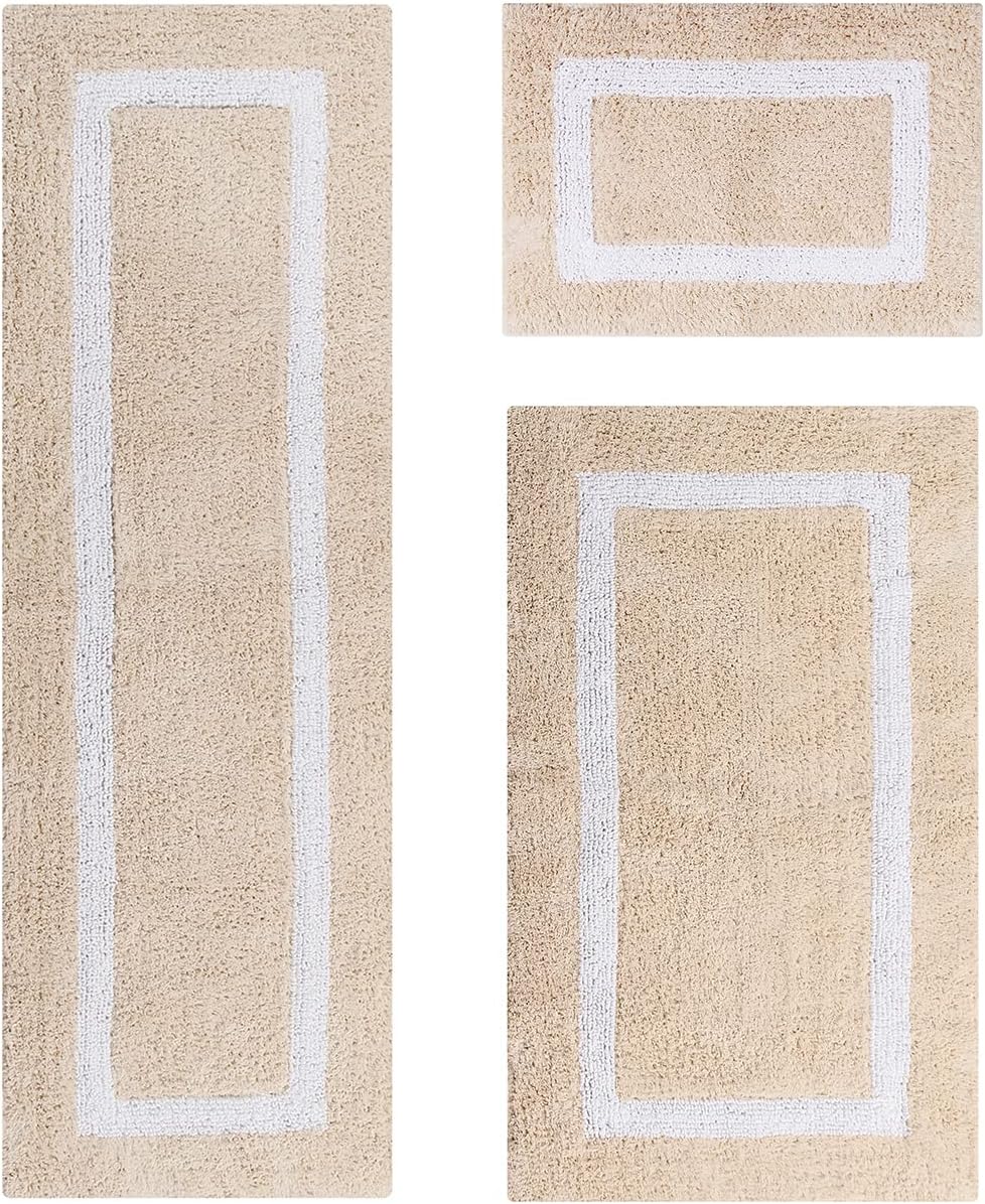 Better Trends 100% Cotton Hotel Collection Bath Mats Set, Sand & White Mats - Tufted, Reversible & Absorbent & Machine Washable 3 Piece Bathroom Rug Set, Runner for Tub, Shower, and Bath Room
