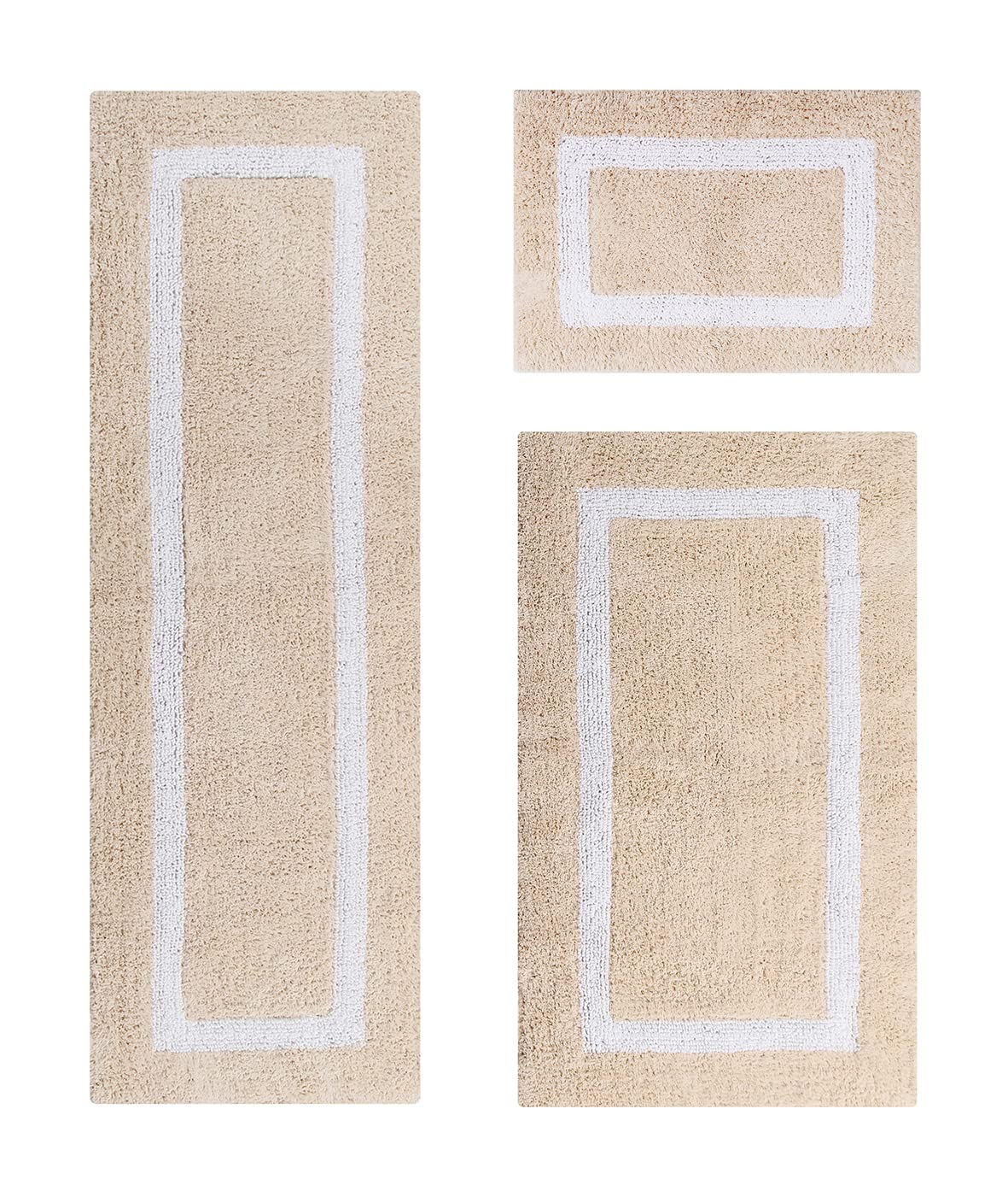 Better Trends 100 Cotton Hotel Collection Bath Mats Set Sand White Mats - Tufted Reversible Absorbent Machine Washable