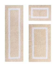 Better Trends 100 Cotton Hotel Collection Bath Mats Set Sand White Mats - Tufted Reversible Absorbent Machine Washable