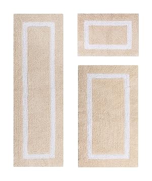 Better Trends 100 Cotton Hotel Collection Bath Mats Set Sand White Mats - Tufted Reversible Absorbent Machine Washable