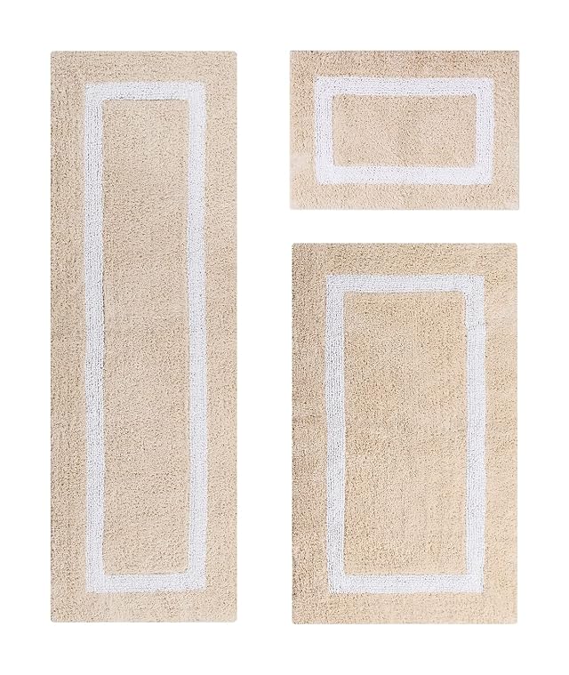 Better Trends 100 Cotton Hotel Collection Bath Mats Set Sand White Mats - Tufted Reversible Absorbent Machine Washable