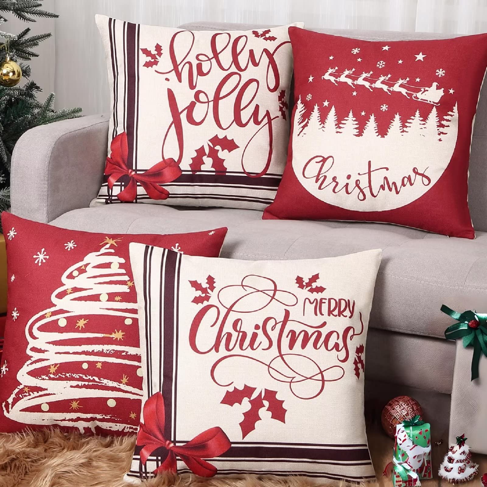 GlowSol Set of 4 Christmas Throw Pillow Covers 18×18 Inches Farmhouse Linen Pillow Cased Xmas Tree Sleigh Print Cushion Case for Couch Sofa Bed