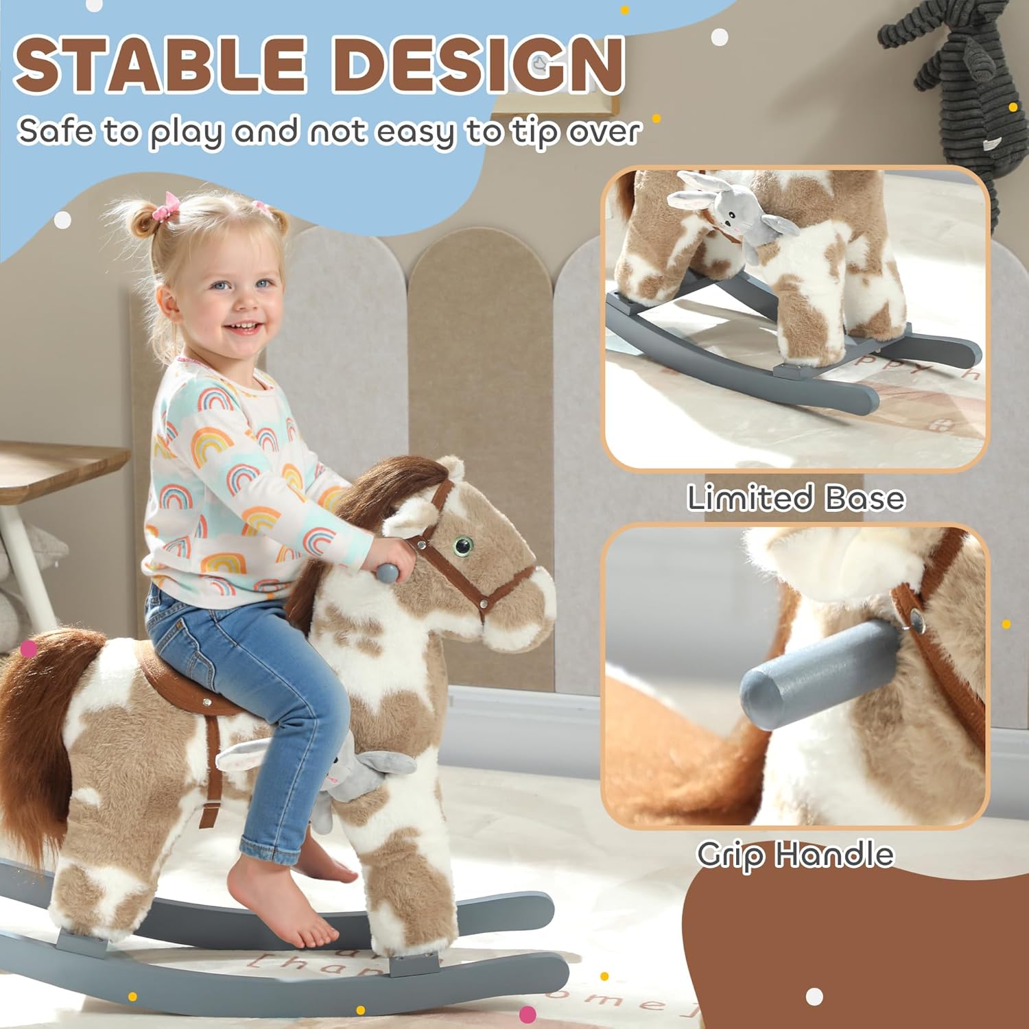 Qaba Rocking Horse, Kids Plush Animal Rocker with Realistic Neighing Sound for Toddlers 2–5 Years Old, Soft Filling Ride on Horse with Rabbit Toy, Light Brown