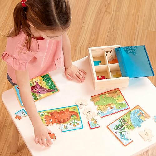 Miniatura 2 de B. toys - Pack o' Puzzles - Dinosaurios - Juego de rompecabezas de madera - 4 rompecabezas de dinosaurios - Rompecabezas prehistórico clásico -