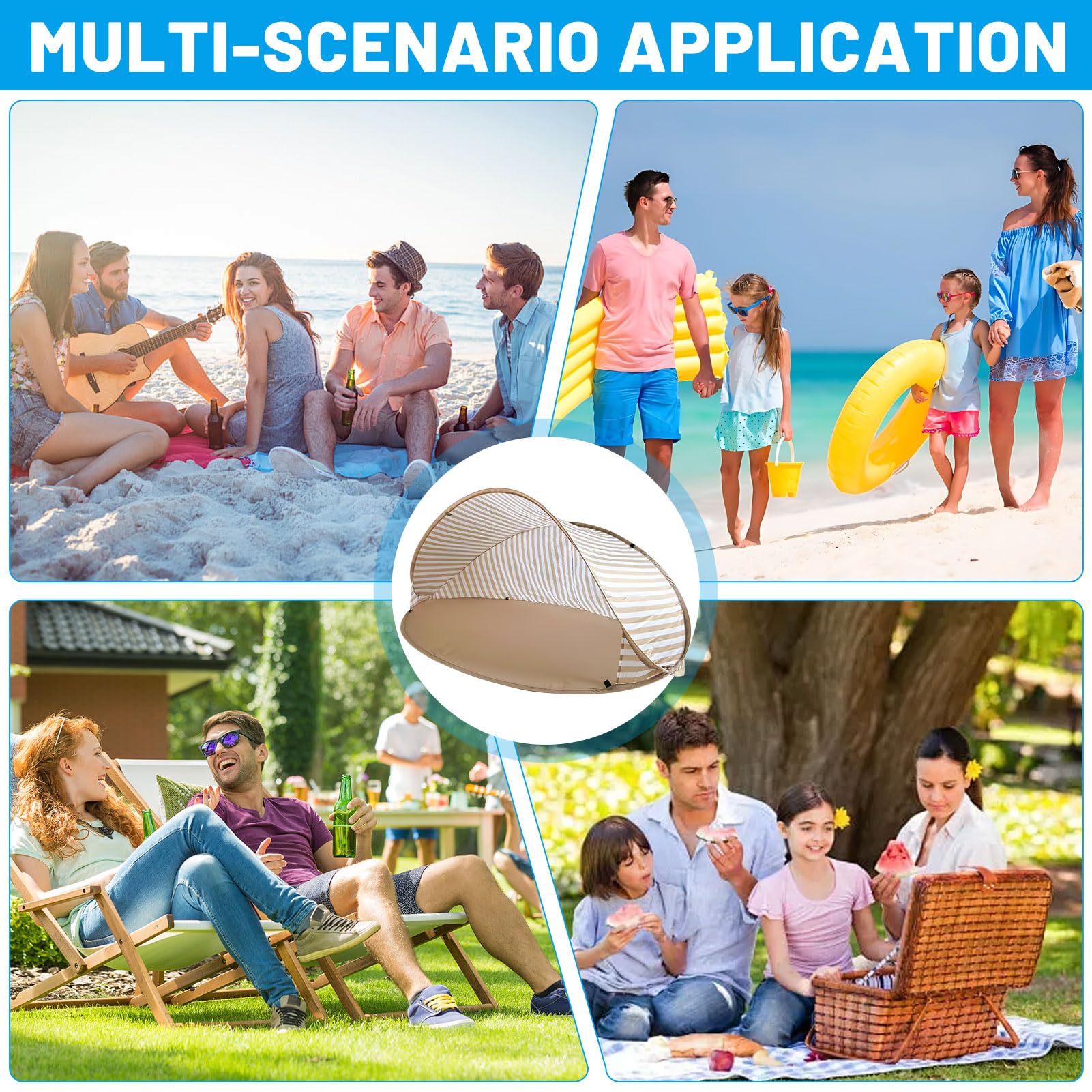 Tente de plage Pop Up pour 3 à 4 personnes, avec protection UV 50+, portable, automatique, coupe-vent, avec sac de transport et sardines, pour la famille, le camping, le jardin, kaki