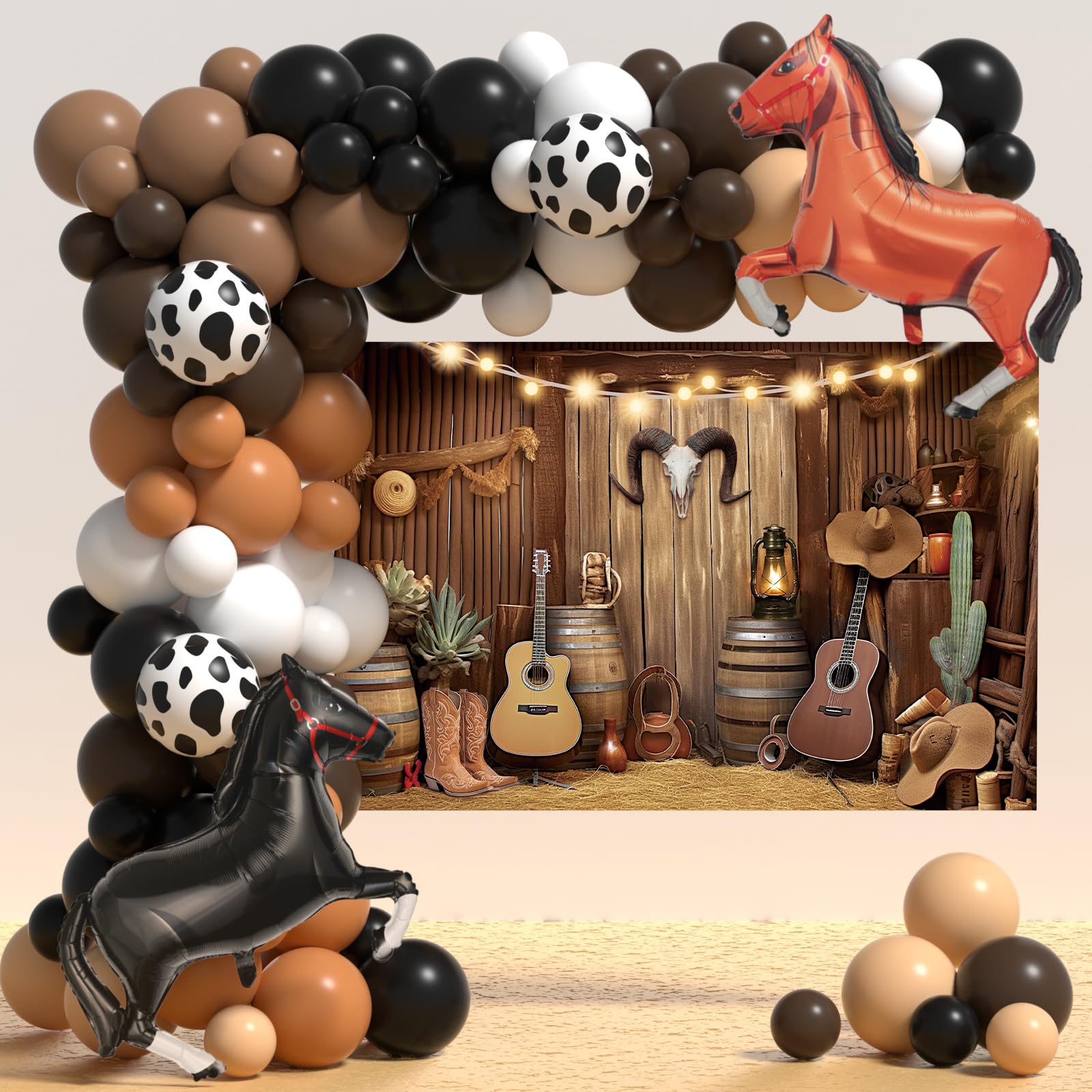 Western Cowboy Balloons Garland Arch Kit with Backdrop 59 * 40 & Racing Horse Balloons for Western Cowboy Birthday Decorations - Horse Balloon Arch for Western Cowboy Party Decorations