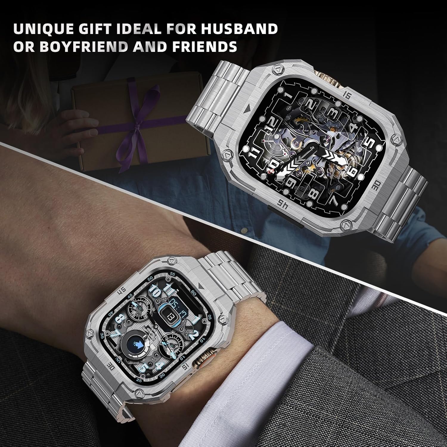 Businessl Stainless Steel Watch Case with Band Compatible with Apple Watch Series 11 10 46mm Band for Men,Metal Protective Bumper Cover iwatch Band with Strap,Silver - Image 2