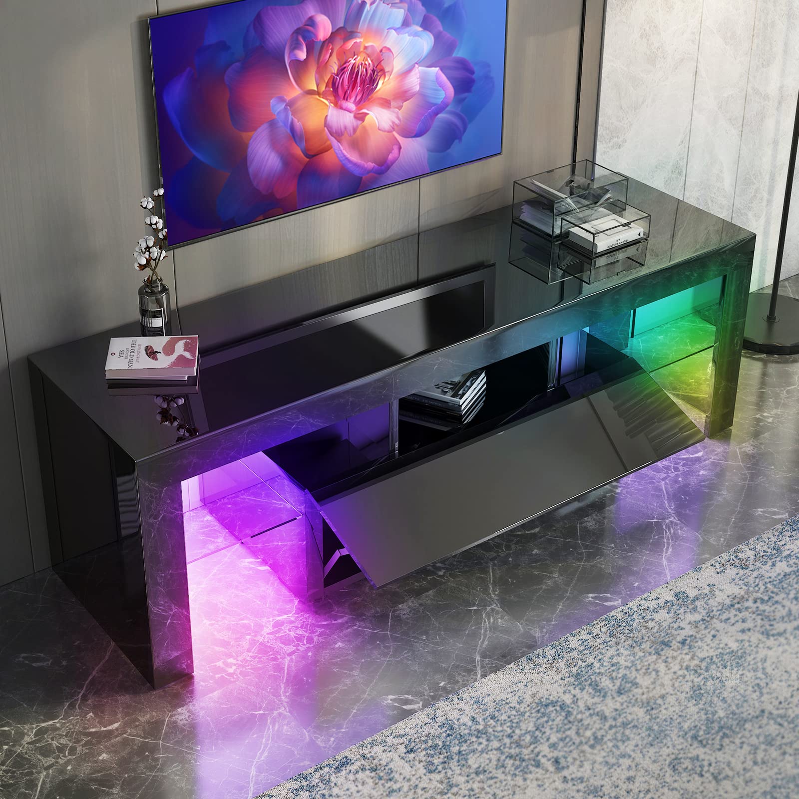 Amazon.com: MUZZ LED TV Stand, High Gloss Television Stands with RGB LED  Lights, Modern Entertainment Center for Living Room, up to 55 Inch TV Screen  (Black) : Electronics