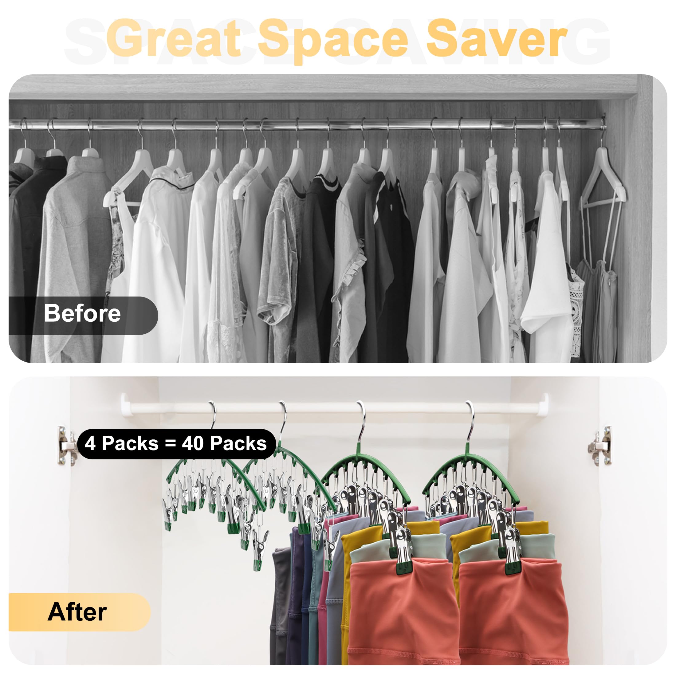 Volnamal Legging Organizer for Closet, Metal Yoga Pants Hangers 2 Pack w/10 Clips Holds 20 Leggings, Space Saving Hanging Closet Organizer w/Rubber Coated Closet Organizers and Storage, Black: Green 4 Pack