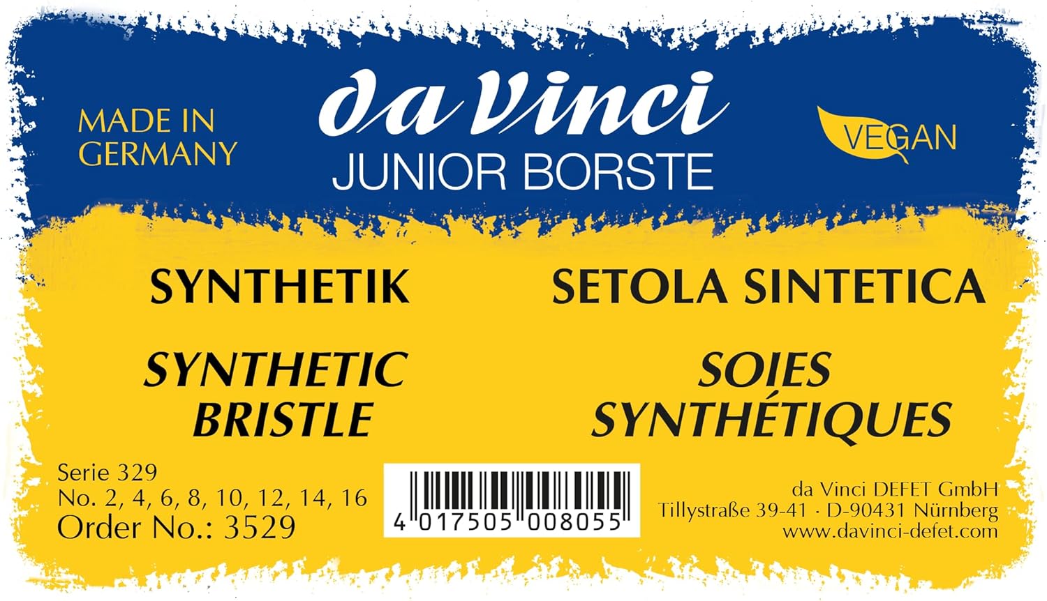 da Vinci Student Set 3529, Junior Synthetic Hog Bristle for Any Type of Paint, 8 Brush Set: Series 329 Flat - Sizes 2, 4, 6, 8, 10, 12, 14 and 16, Made in Germany